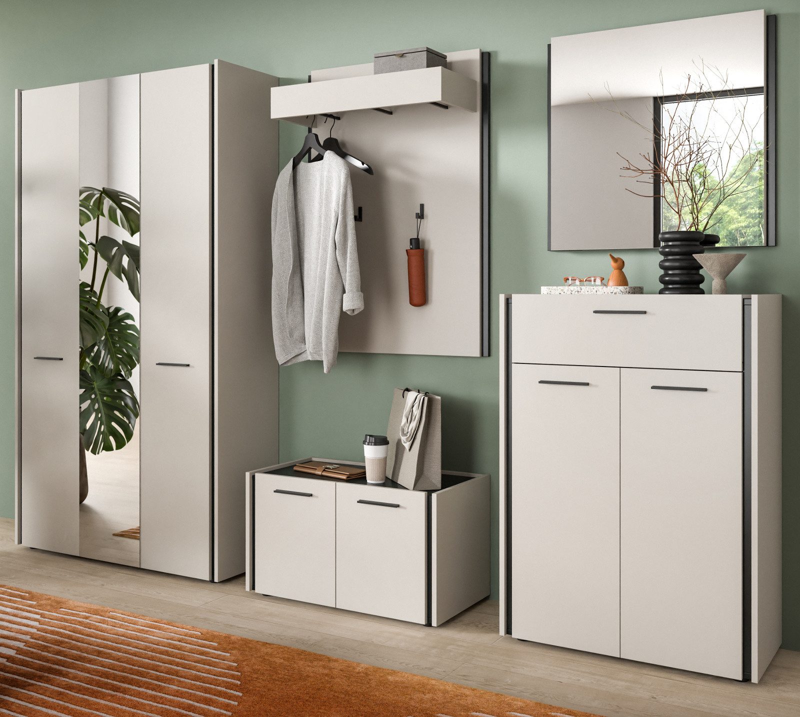 Inn.Furn Garderoben-Set Nevia, (Komplett-Set in Kaschmit mit Schwarz, 5-teilig, 285 x 190 cm), mit viel Stauraum und Soft-Close-Funktion