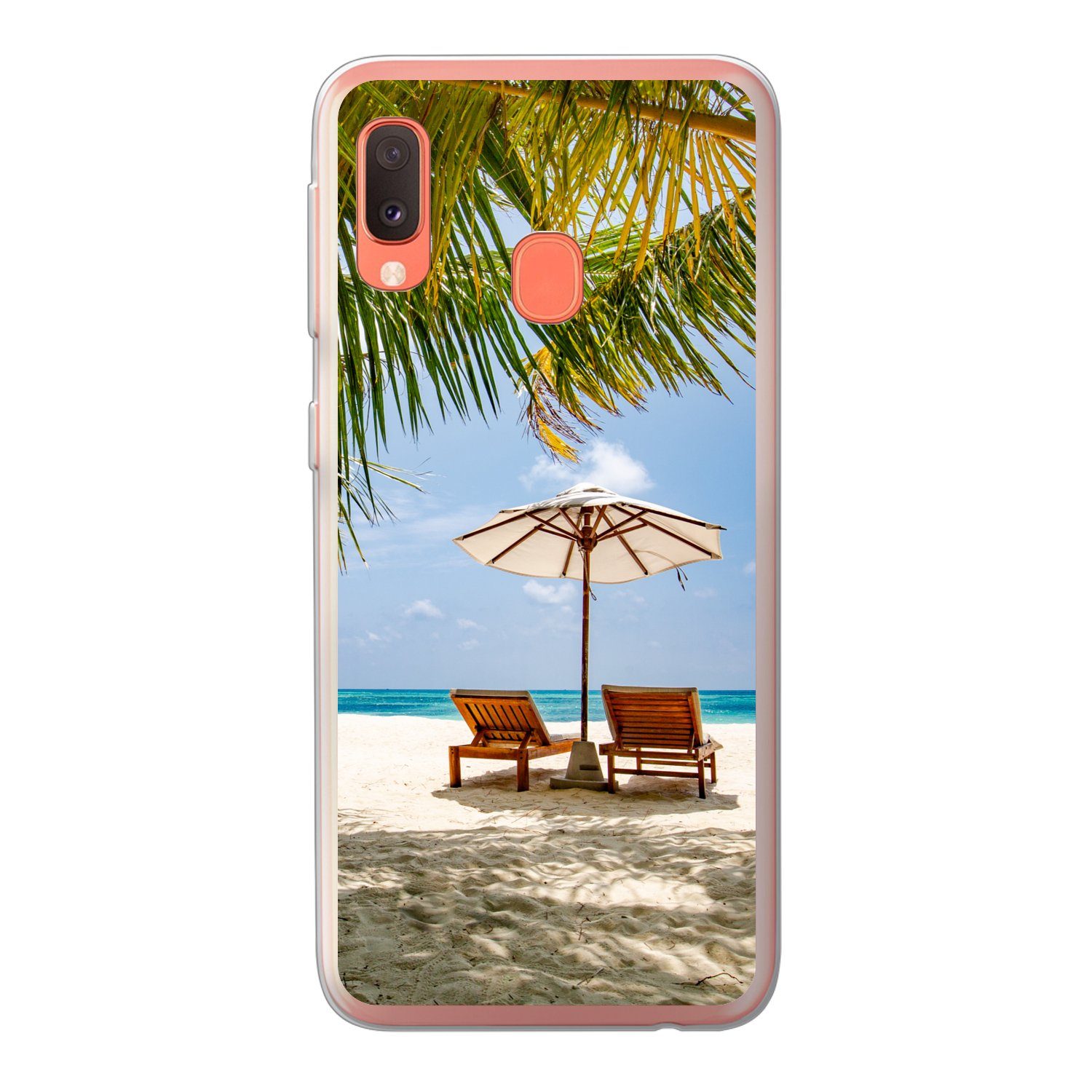 MuchoWow Handyhülle für Samsung Galaxy A20e Strandkorb - Sonnenschirm - Palme, Smartphone-Bumper, Print, Handy Schutzhülle Dünn