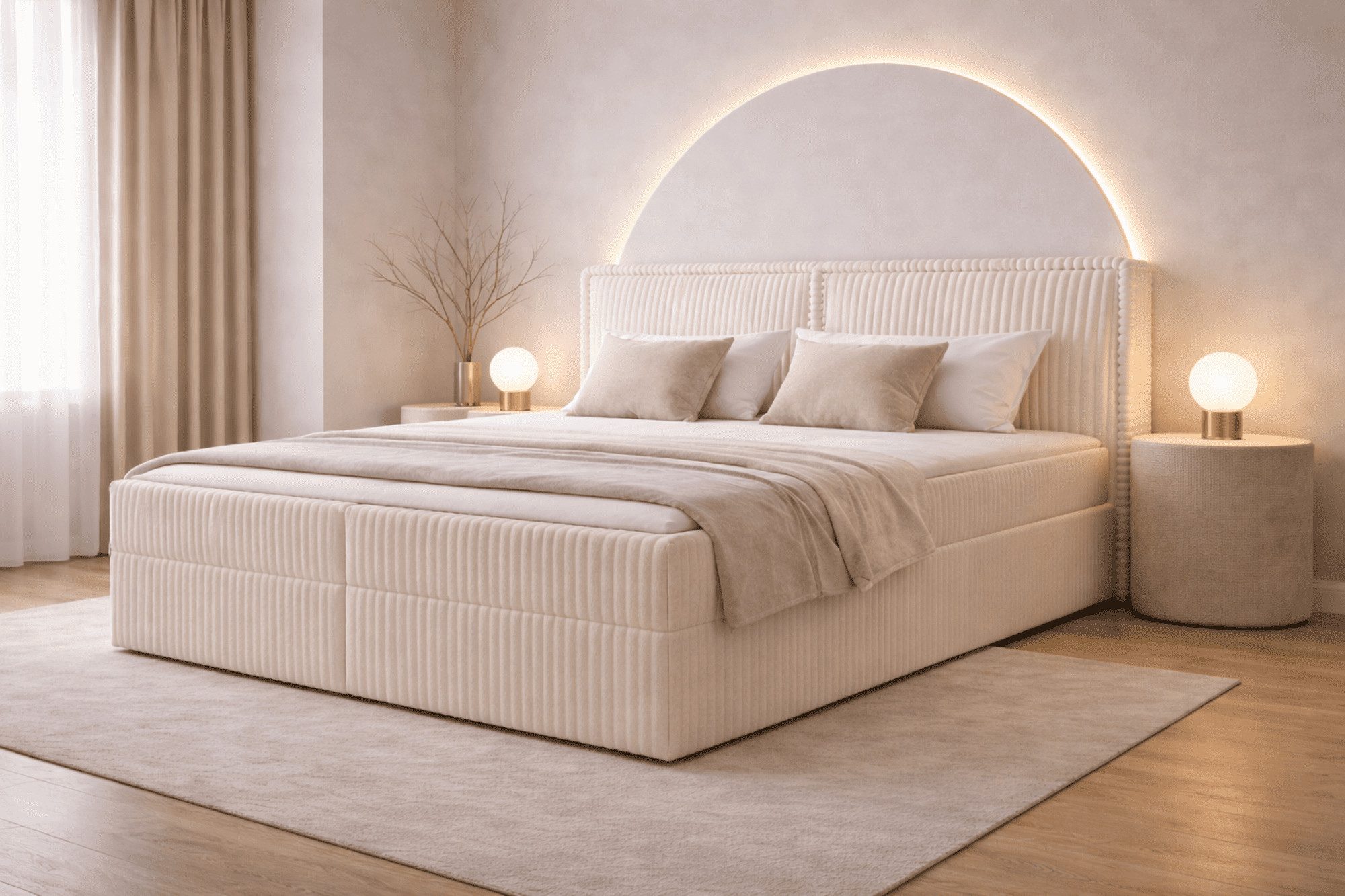 MOEBLO Boxbett Bett 04 (Bonnell + Topper, Doppelbett gepolstertes Kopfteil Bett mit Bettkasten, aus Cord, Polsterbett Kontinentalbett), (BxHxT):143/163/183x113x214cm