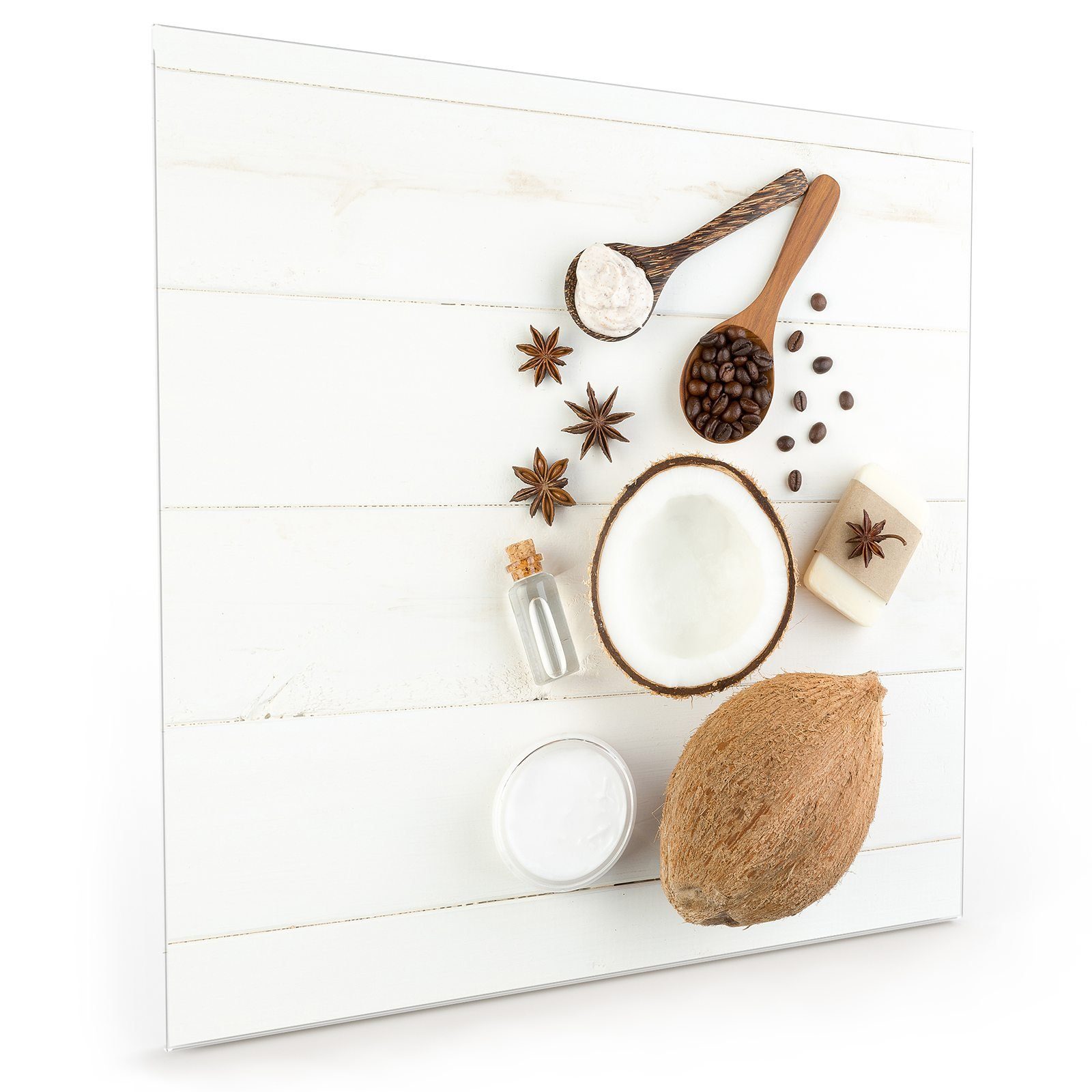Spritzschutz Glas mit Küchenrückwand Motiv Primedeco Kokosnussprodukte Küchenrückwand