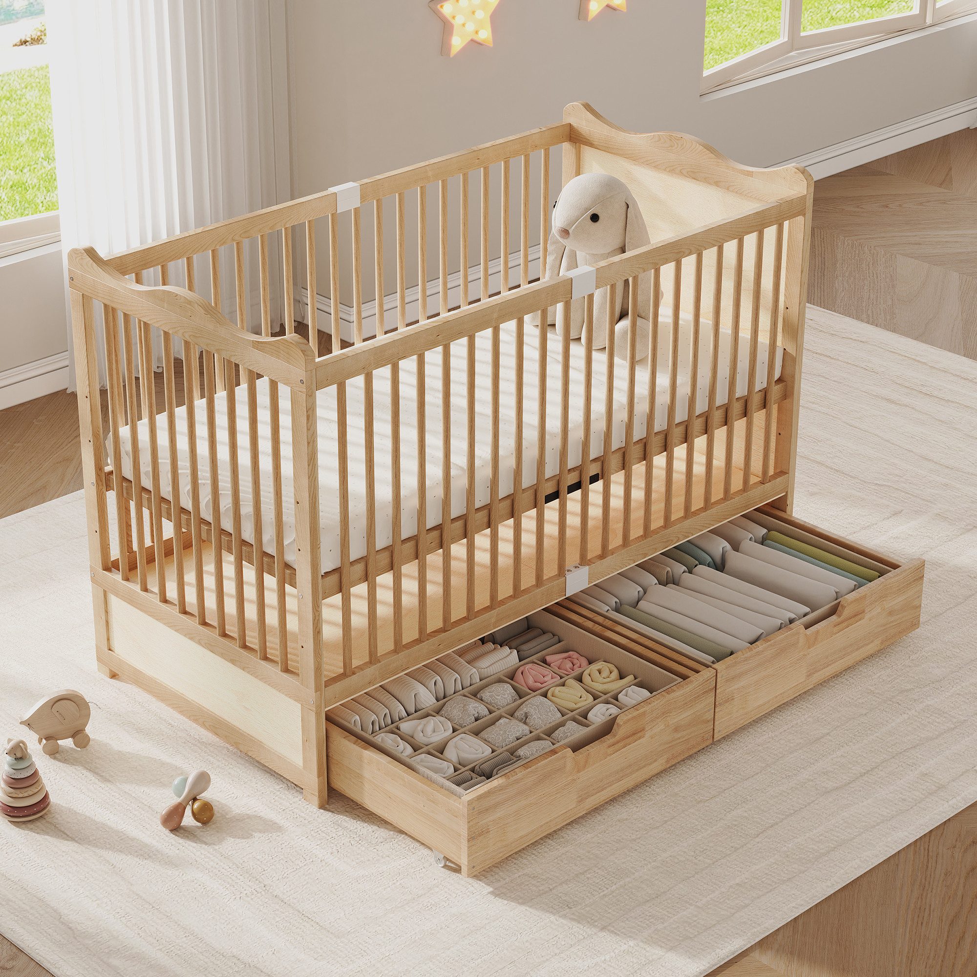 Flieks Babybett, Gitterbett 70x140cm, Schubladen, 4-stufige Lattenrost-Höhenverstellung
