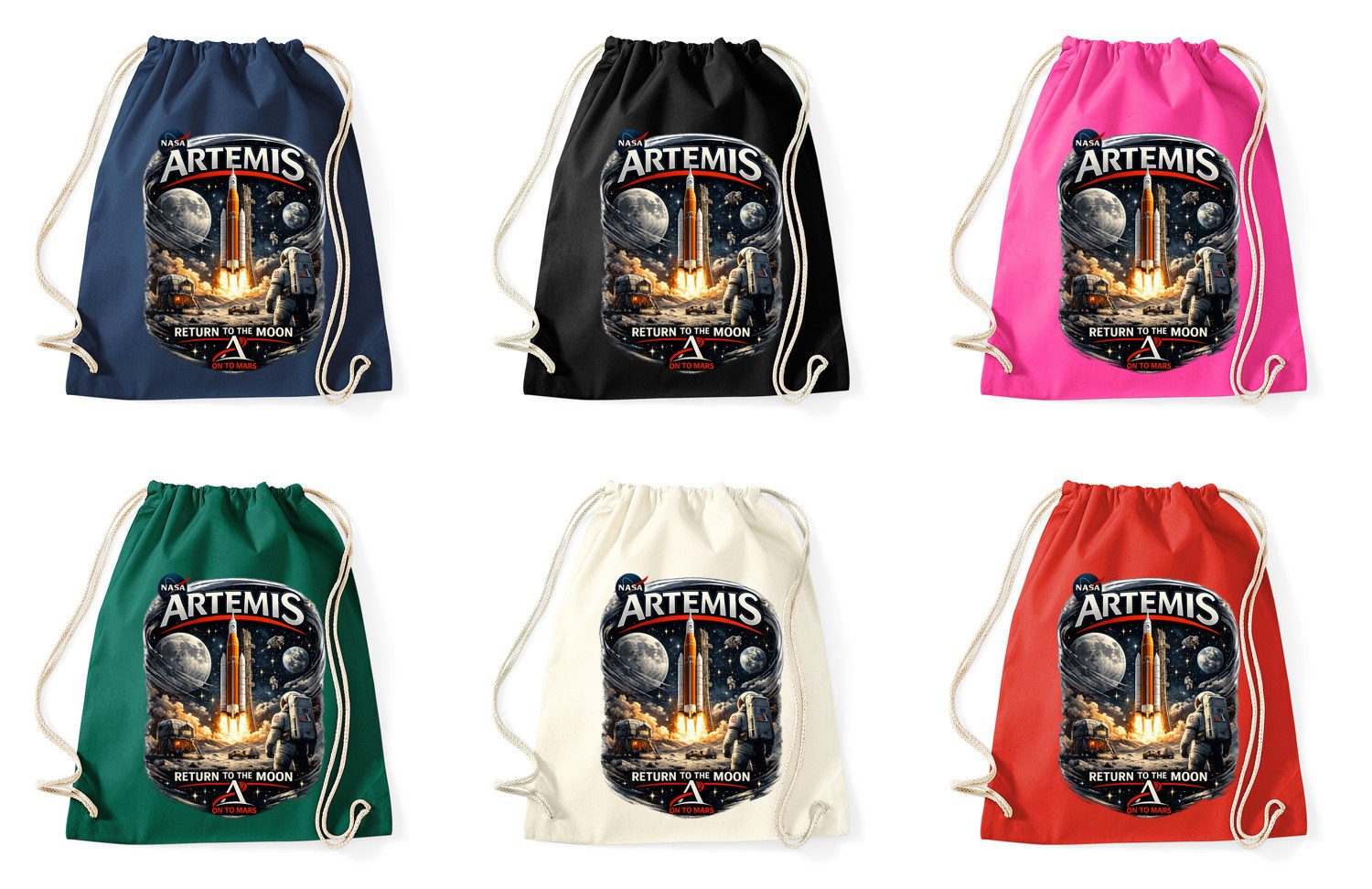 Blondie & Brownie Turnbeutel Kosmische Artemis Mondmission Astronaut Rakete Kordelzugtasche (Einzelstück, Einzelartikel), Artemis Astronaut Rocket Gym Bag Lunar Mission Drawstring Pack