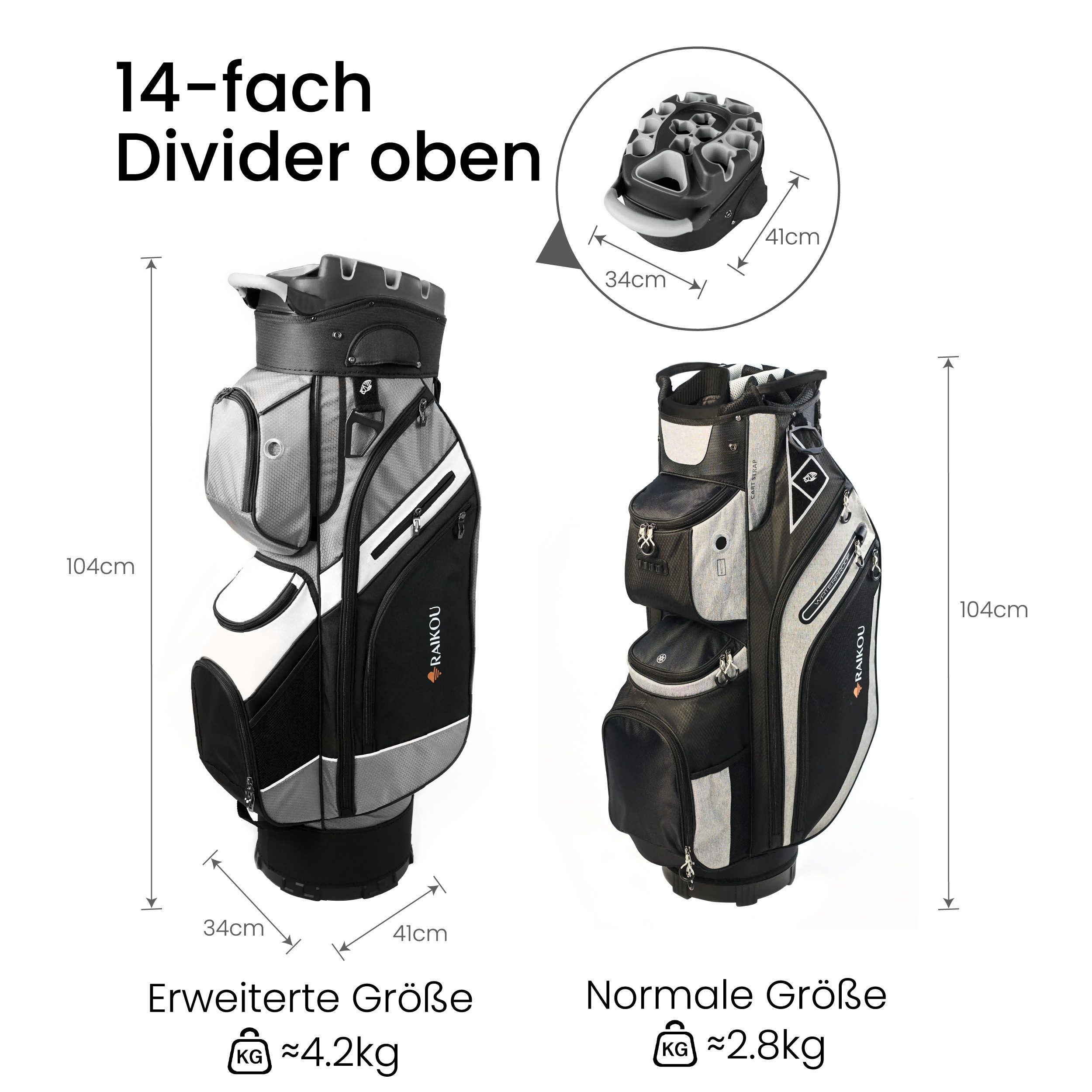 RAIKOU Golfballtasche Golf Cartbag mit 14-fach Organizer, wasserabweisende 9 Taschen, Schuhfach, leicht & stabil, Grau/Schwarz/Weiß