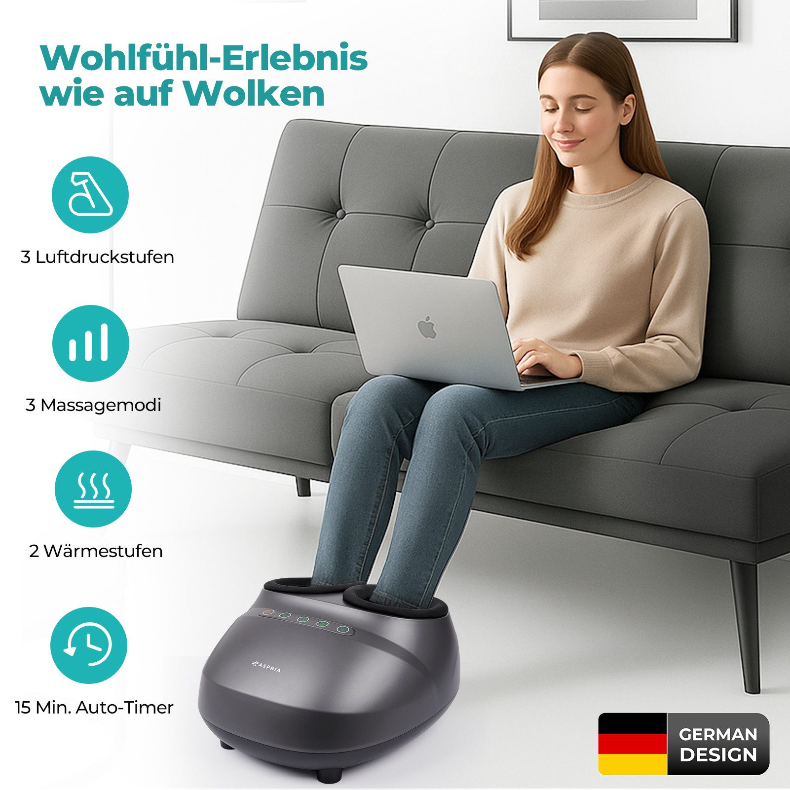 ASPRIA Fußmassagegerät mit Wärmefunktion, Shiatsu Tiefkneten & 360° Luftkompression, Fußmassage für Plantarfasziitis & Neuropathie, Bis Schuhgröße 45