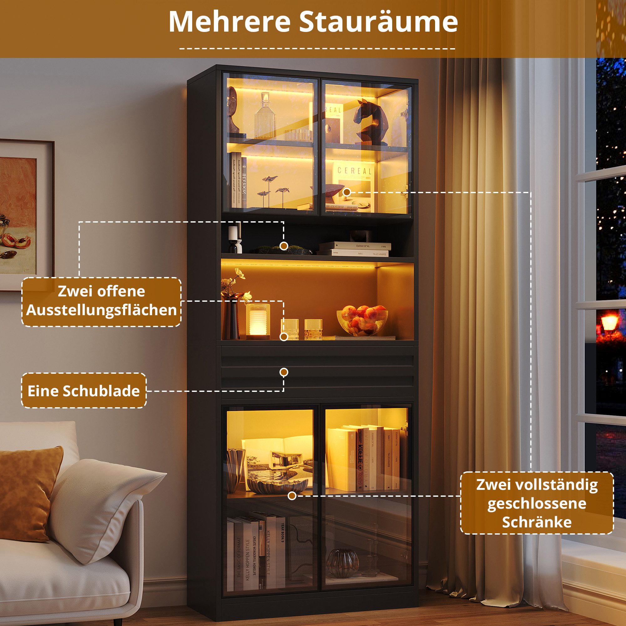 Merax Glasvitrine mit RGB LED-Beleuchtung inkl. App-Steuerung, 80 L x 35 B x 200 H cm (1-St., Wohnzimmerschrank Bücherschrank Ausstellungsschrank) Vitrine Hochs – Bild 4 von 5