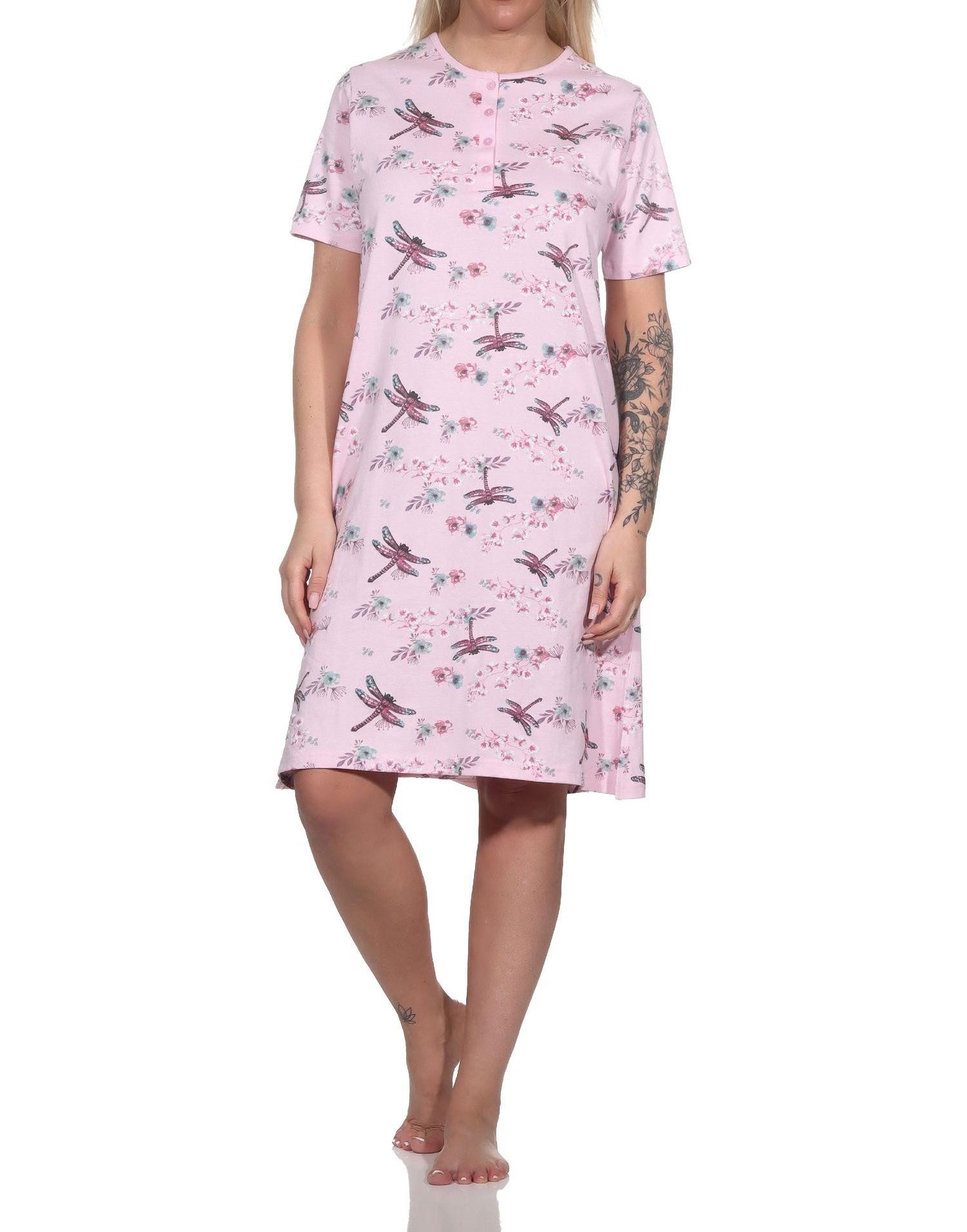 Normann Nachthemd Damen kurzarm Nachthemd floraler Alloverprint und Knopfleiste am Hals