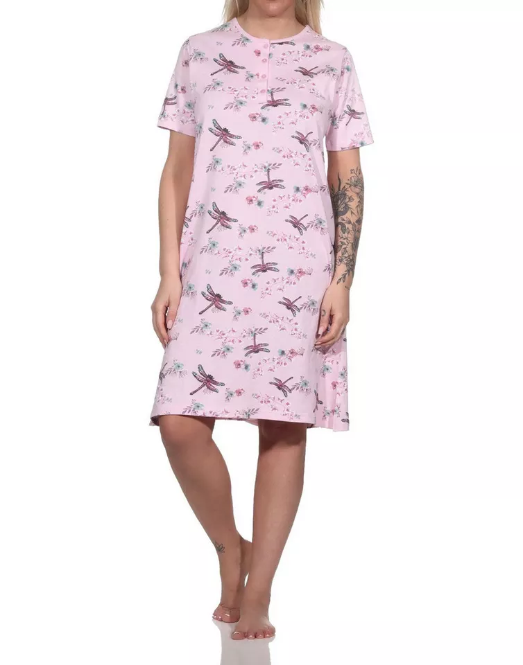 Normann Nachthemd Damen kurzarm Nachthemd floraler Alloverprint und Knopfleiste am Hals