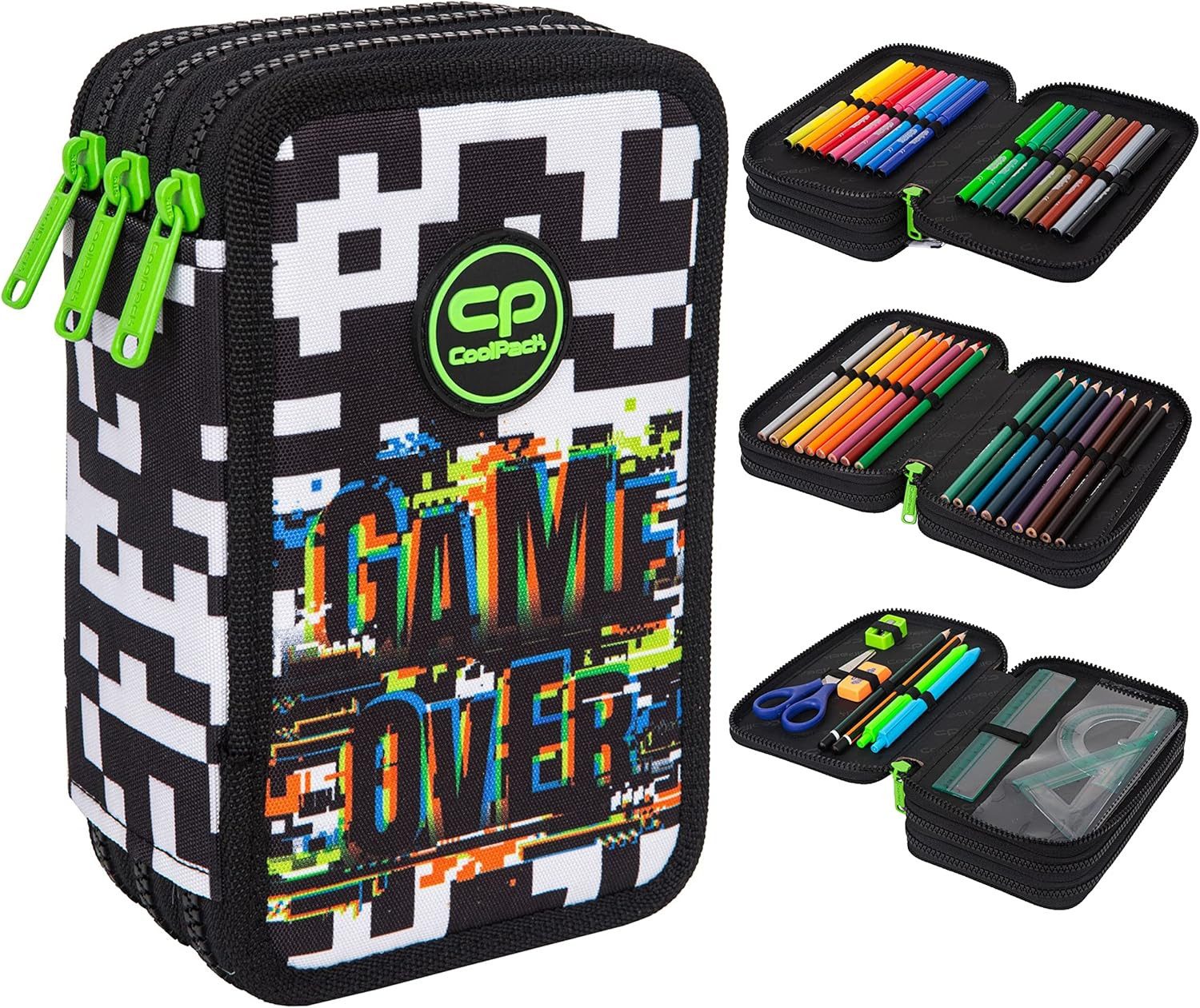 GOLDKIDS Federmäppchen Federtasche 3-fache Federmappe Game Over, (46-teilig gefüllte Schüleretui Stifte und Pinsel inkl., 1-tlg., Aufgabenheft Federbox Etui), Stiftetasche Schlamper-Etui Schul-Etui