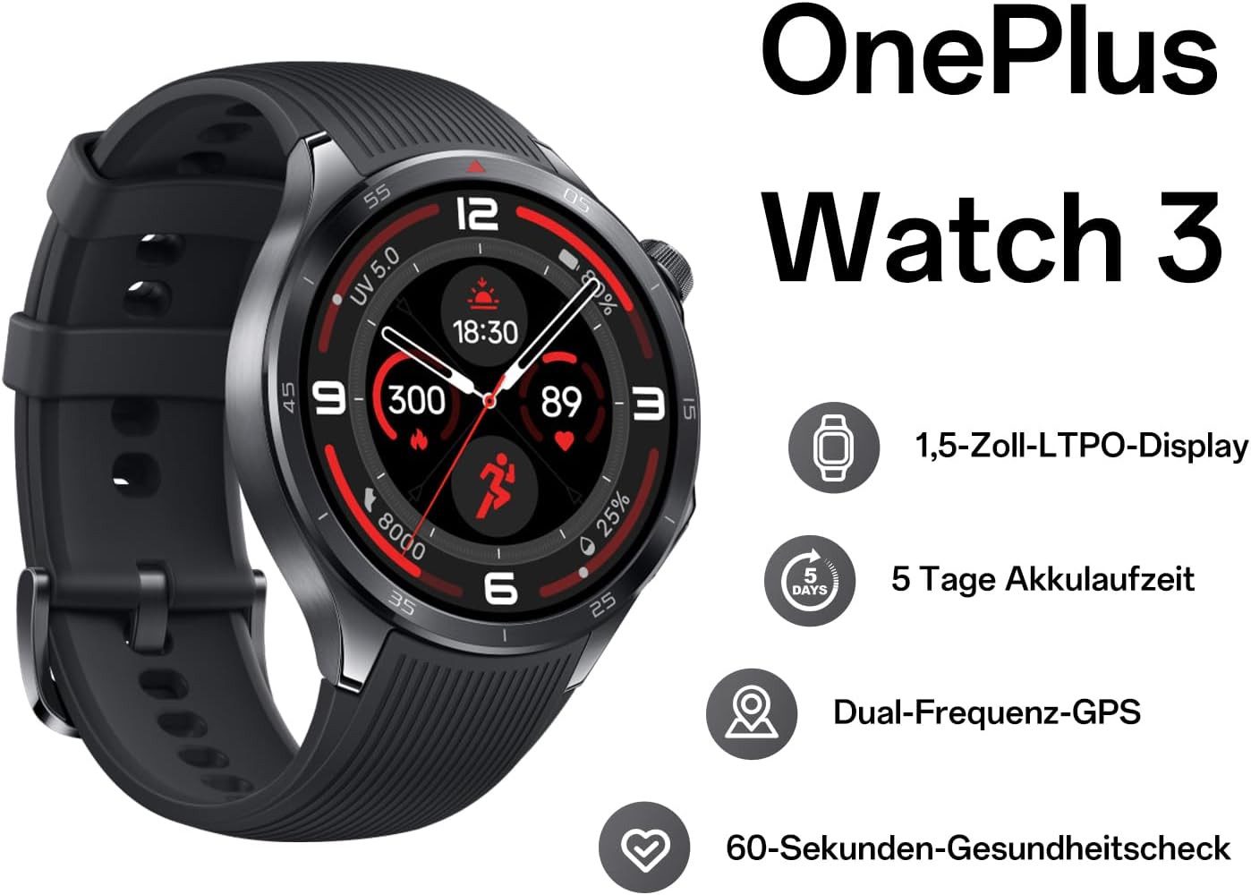 OnePlus OnePlus Watch 3 (2025), 1,5 Zoll LTPO-Display, 47mm Smartwatch (3.81 cm/1.5 Zoll, Wear OS by Google + RTOS)