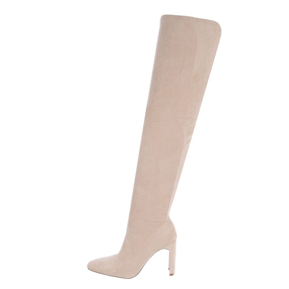 Ital-Design Damen Abendschuhe Party & Clubwear Overkneestiefel Blockabsatz High-Heel Stiefel in Beige