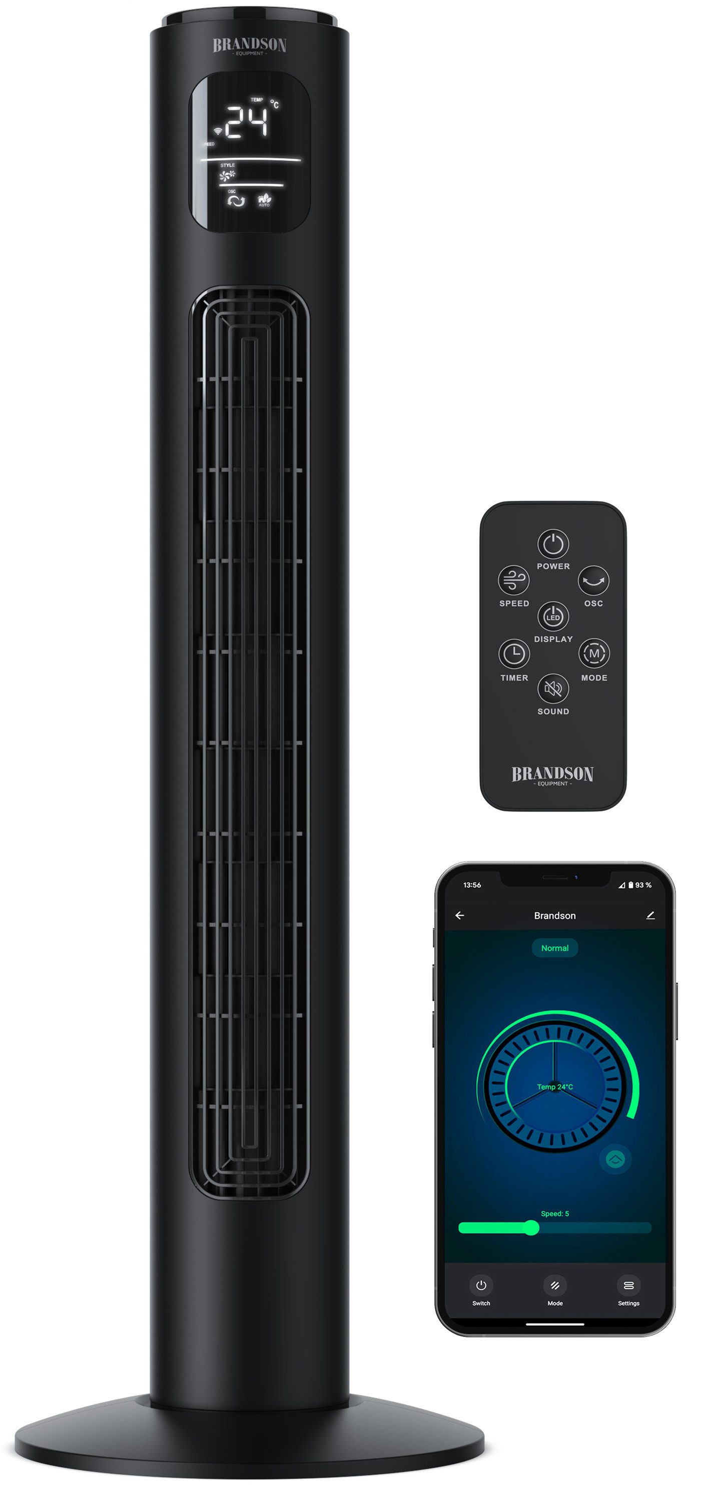 Brandson Turmventilator WiFi, Eco DC-Motor 35W, App-Steuerung/Sprachbefehl, Timer, Oszillation, Preisträger 2025, extrem leiser Lüfter, 12 Lüftungs-Modi, GS-Geprüft
