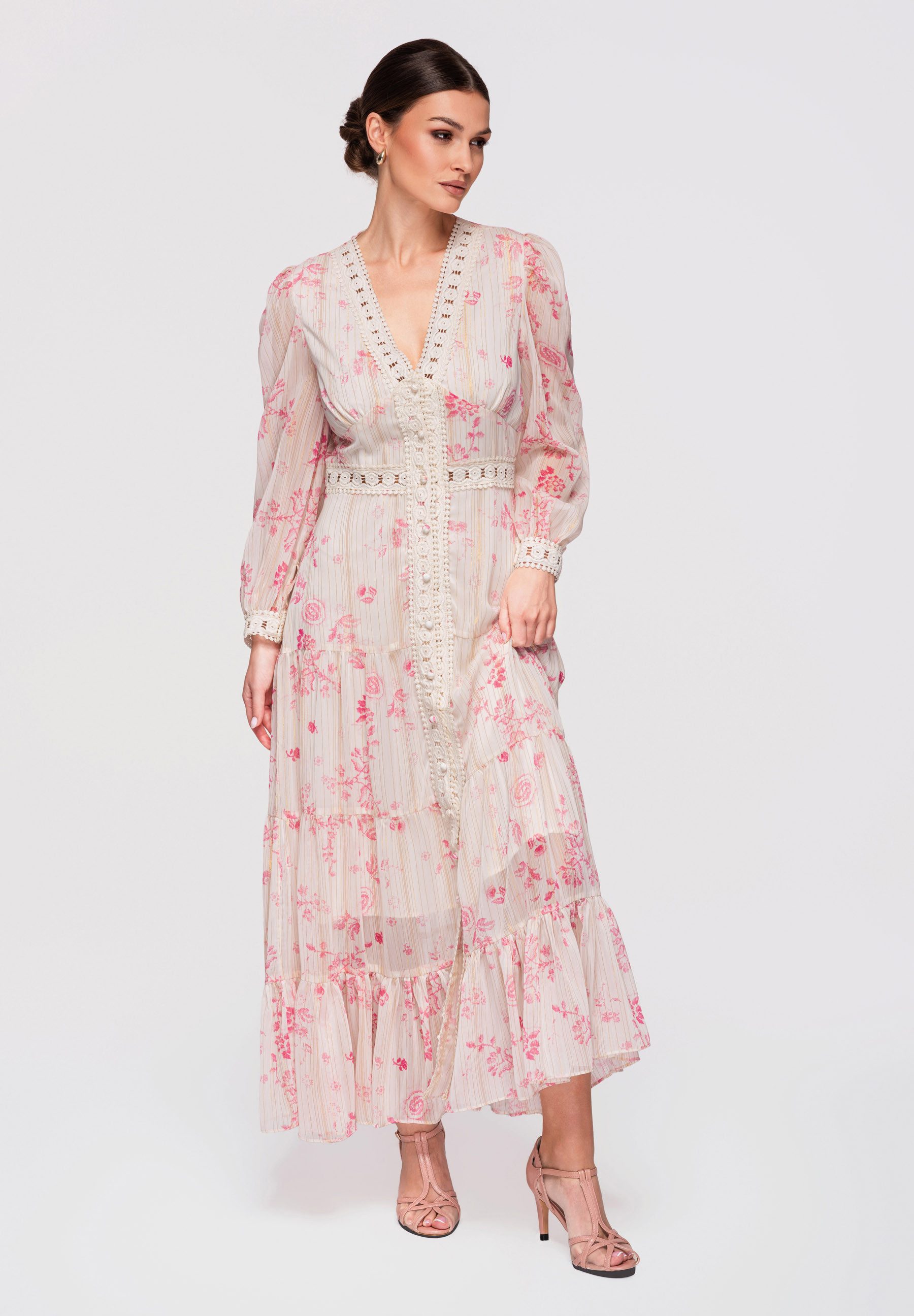 OMBRE Abendkleid Damen Maxikleid V-Ausschnitt Spitze Elegant Ecru L (kein Set, 1-tlg)