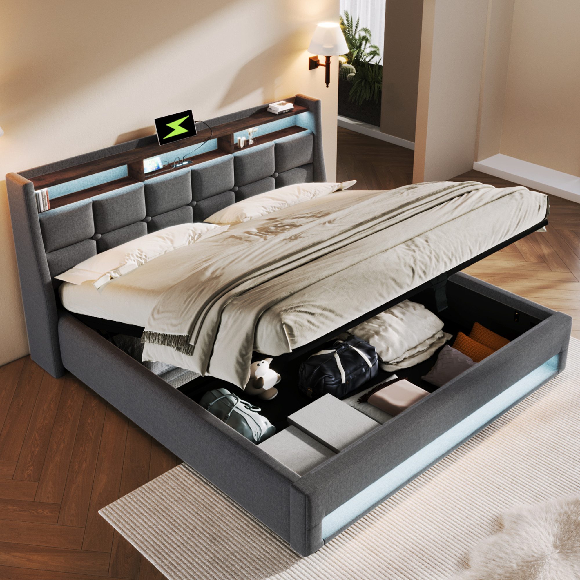 Ulife Polsterbett Metallbett Doppelbett mit aufladen USB Ladefunktion Kopfteil (Ohne Matratze), LED-Beleuchtung, 140x200cm