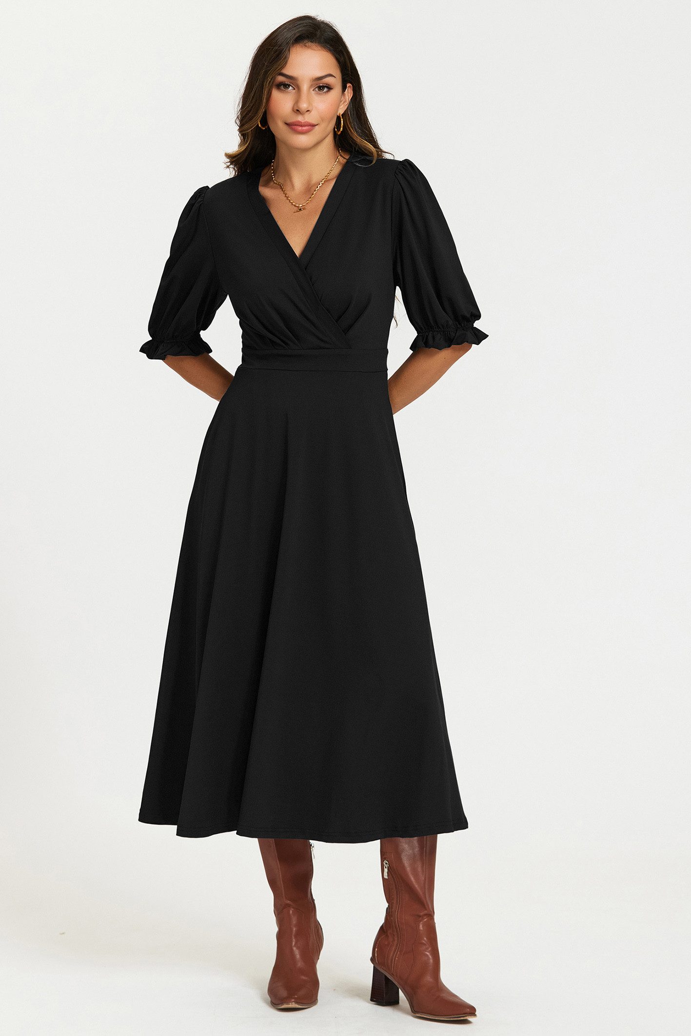 FS Collection Wickelkleid Midikleid Wickeloptik Sommerkleid mit Puffärmeln und V-Ausschnitt (Größen: XS (EU:36 / UK:8) · S (EU:38 / UK:10) · M (EU:40 / UK:12) · L (EU:42 / UK:14) · XL (EU:44 / UK:16), 2 Farben: Schwarz und Marineblau) Wickeloptik, geraffte Taille, Seitentaschen, fließender Rock