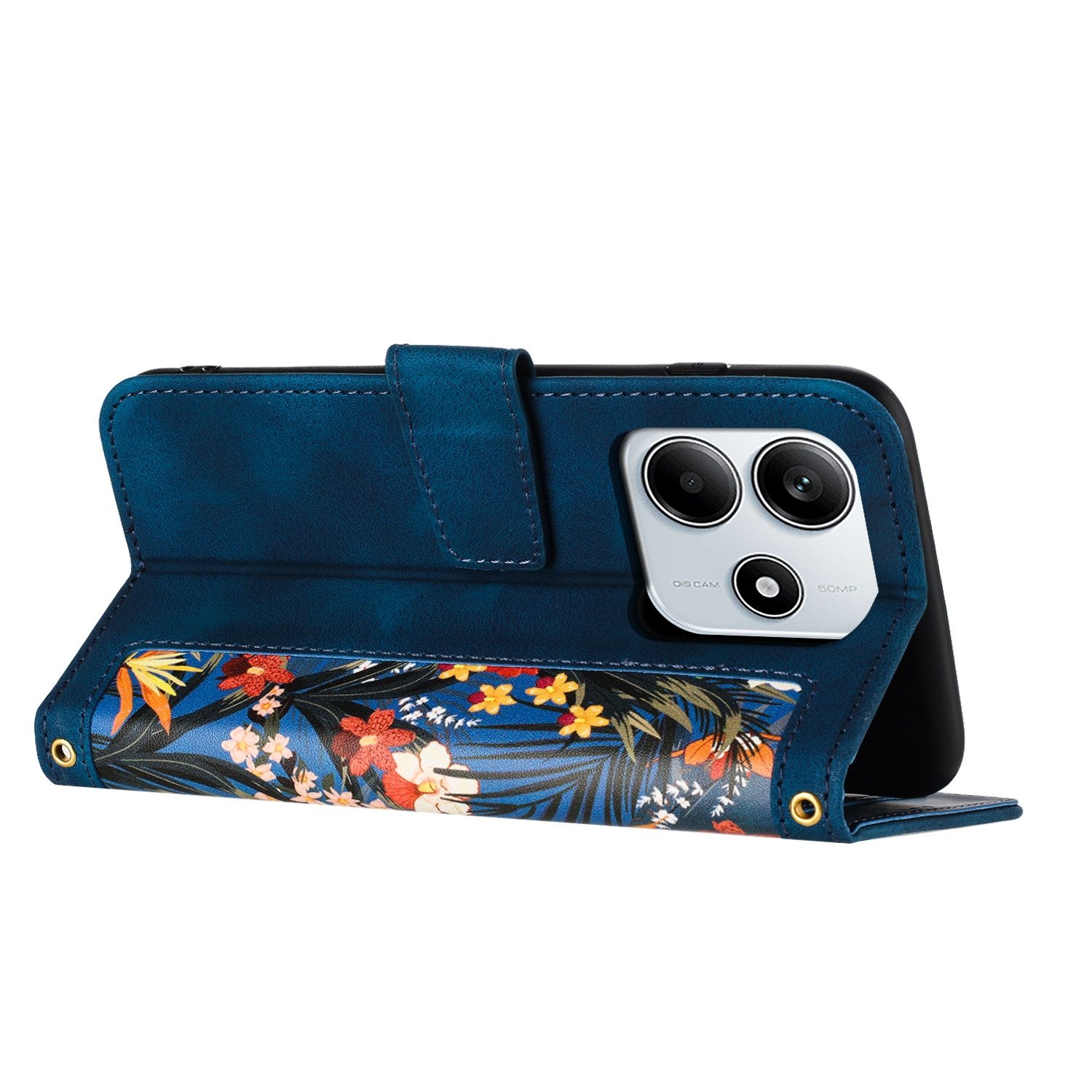 Wigento Smartphone-Hülle Für Xiaomi Redmi Note 14 5G Kunstleder Wallet Blumen Hülle Dunkelblau, Blumenmuster, Kartenfächer, Lanyard