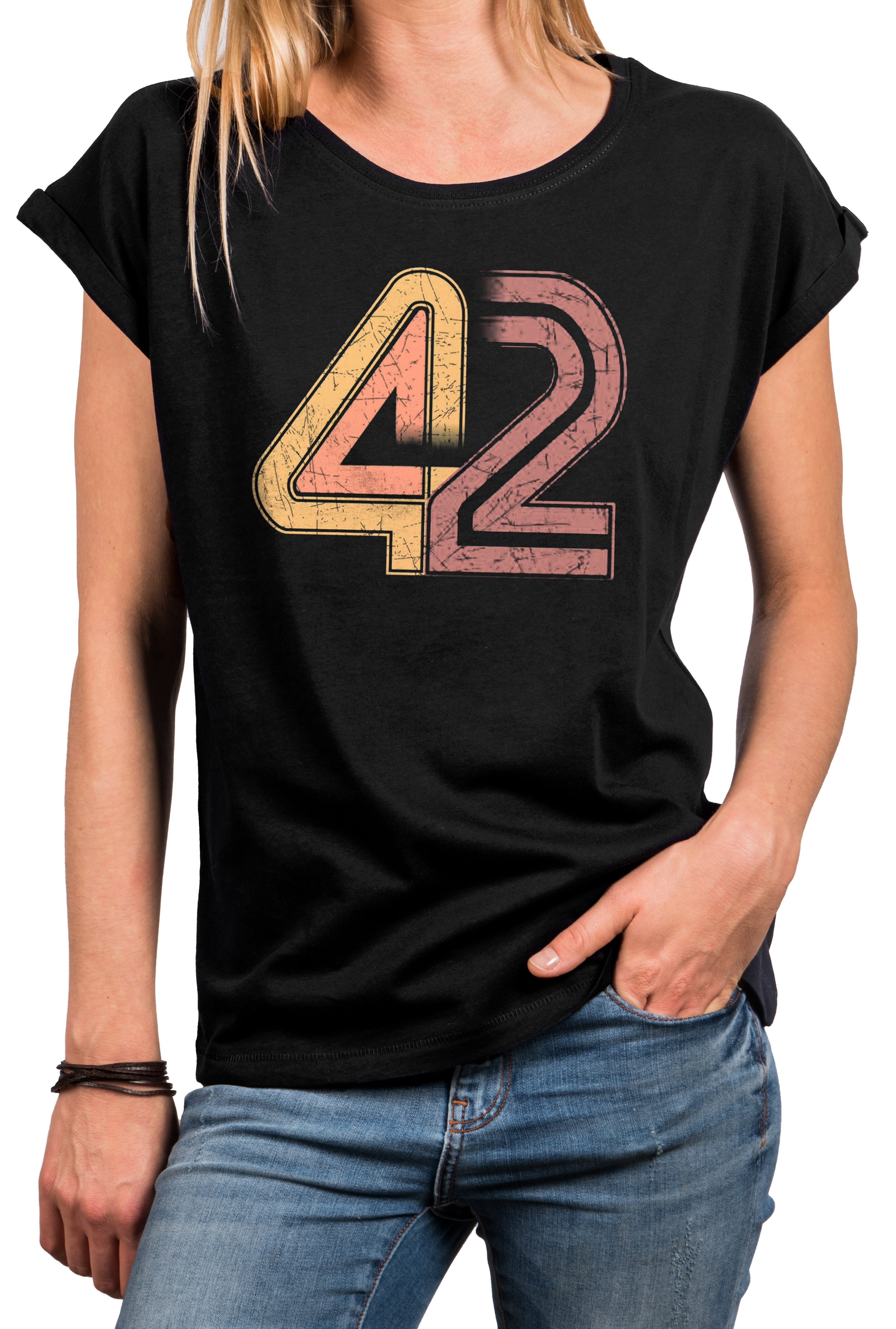T-Shirt Vintage Damen-Top mit Zahl 42 – Galaxie-Motiv im Retro-Stil