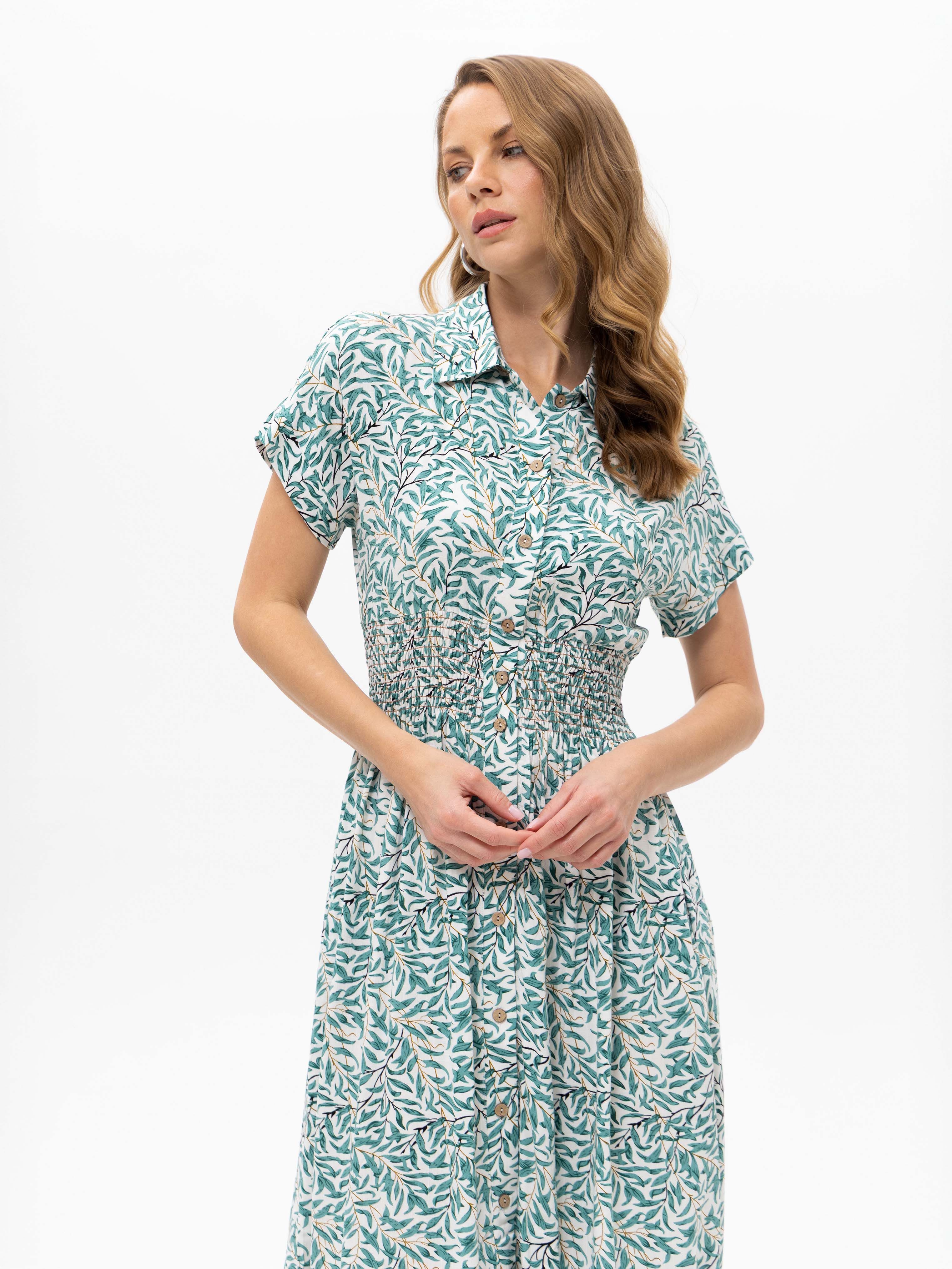 Passioni Hemdblusenkleid mit floralem Muster Hemdblusenkleid mit gesmockter Taille und grünem Muster – Bild 4 von 5