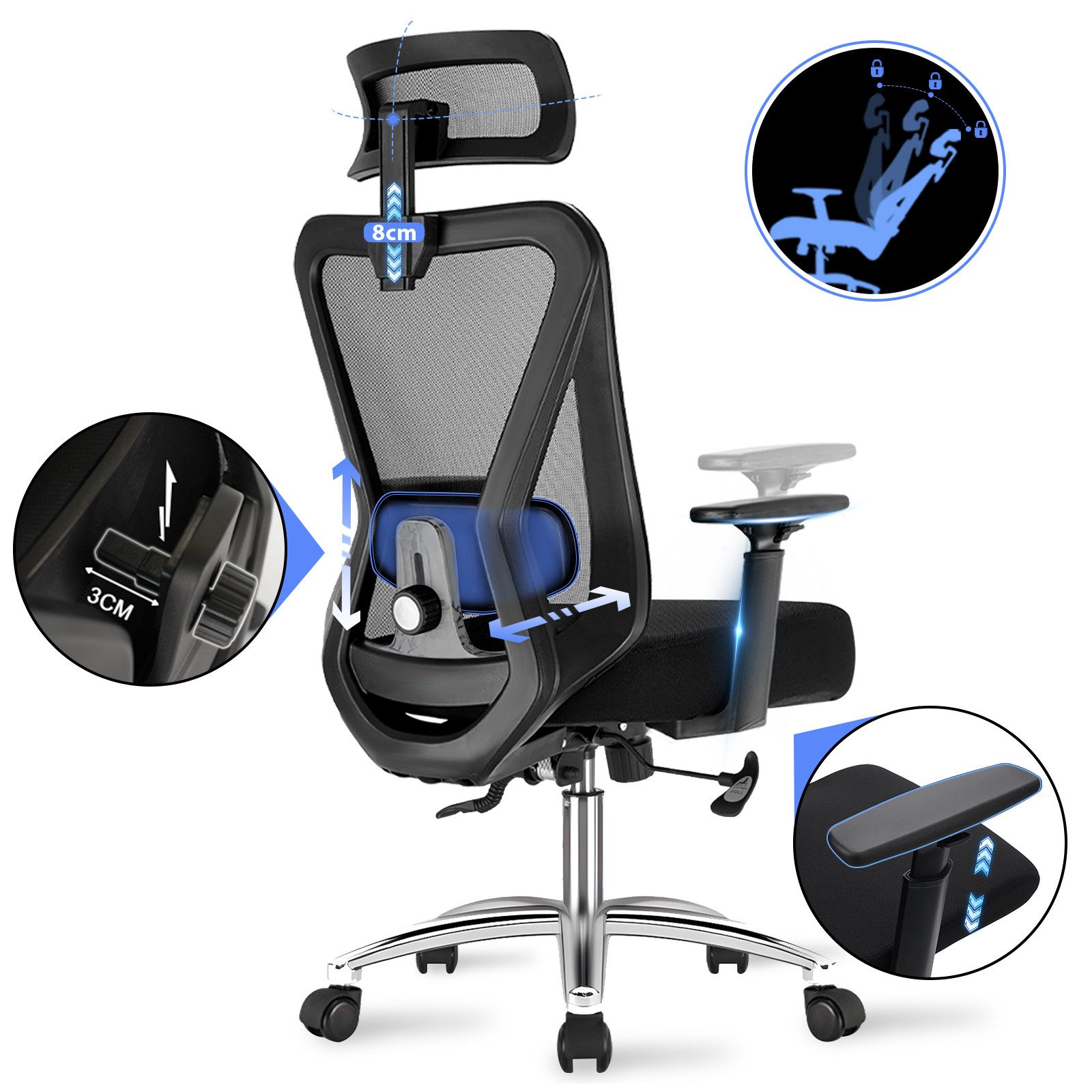 Durrafy Bürostuhl Ergonomischer Bürostuhl, Schreibtischstuhl Höhenverstellbarer Schwarz (4D-verstellbare Lendenstütze, Verstellbarer Kopfstütze & Armlehnen, Belastbar bis 200KG), 3-stufiger Neigungsarretierung 90-130°, Höhenverstellbarer Drehstuhl