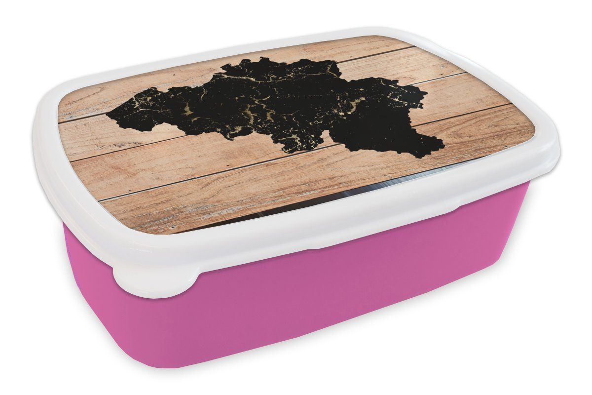 MuchoWow Lunchbox Karte - Belgien - Holz, Kunststoff, (2-tlg), Brotbox für Erwachsene, Brotdose Kinder, Snackbox, Mädchen, Kunststoff rosa