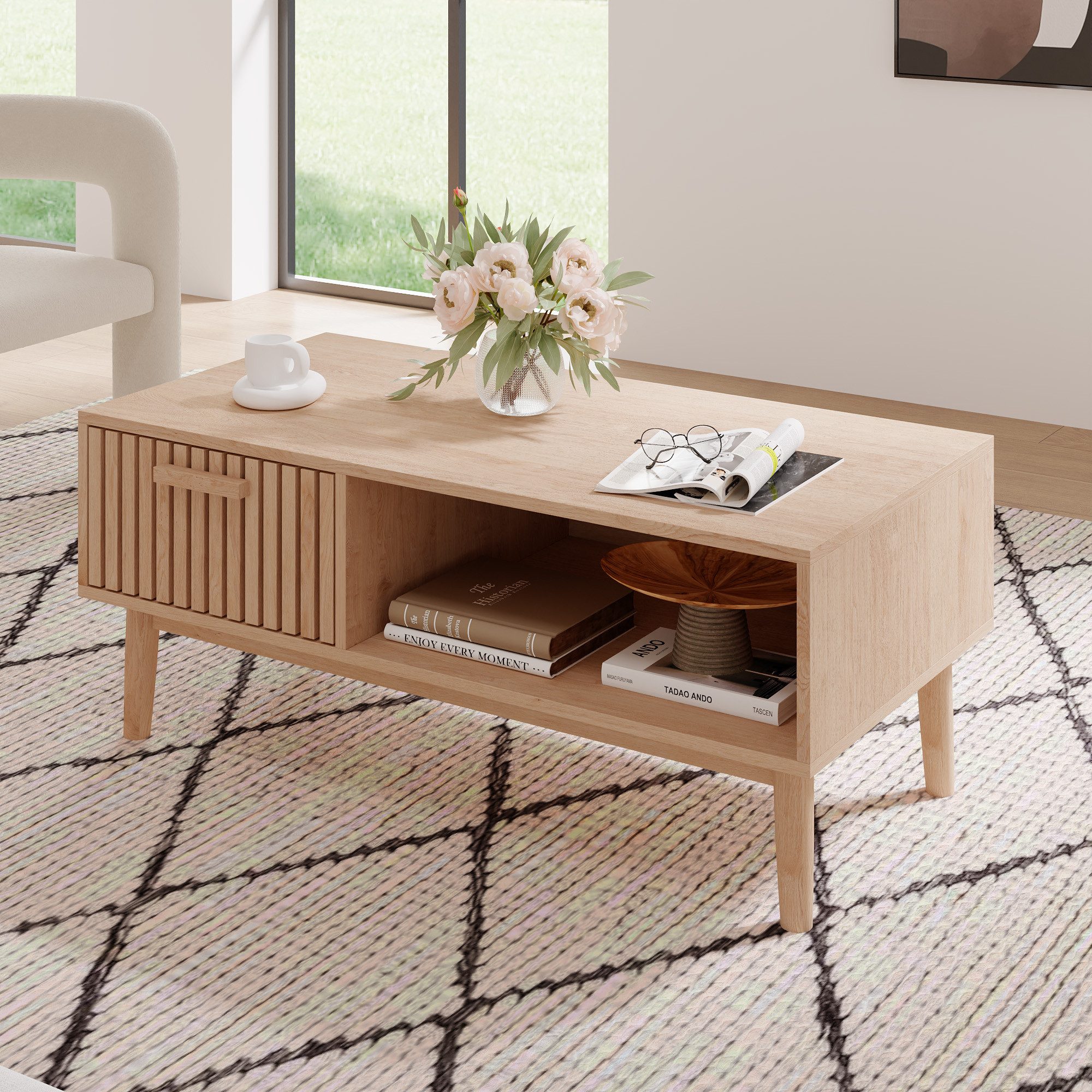 Lowboard aus Rattan Wohnzimmertisch Couchtisch aus Holz