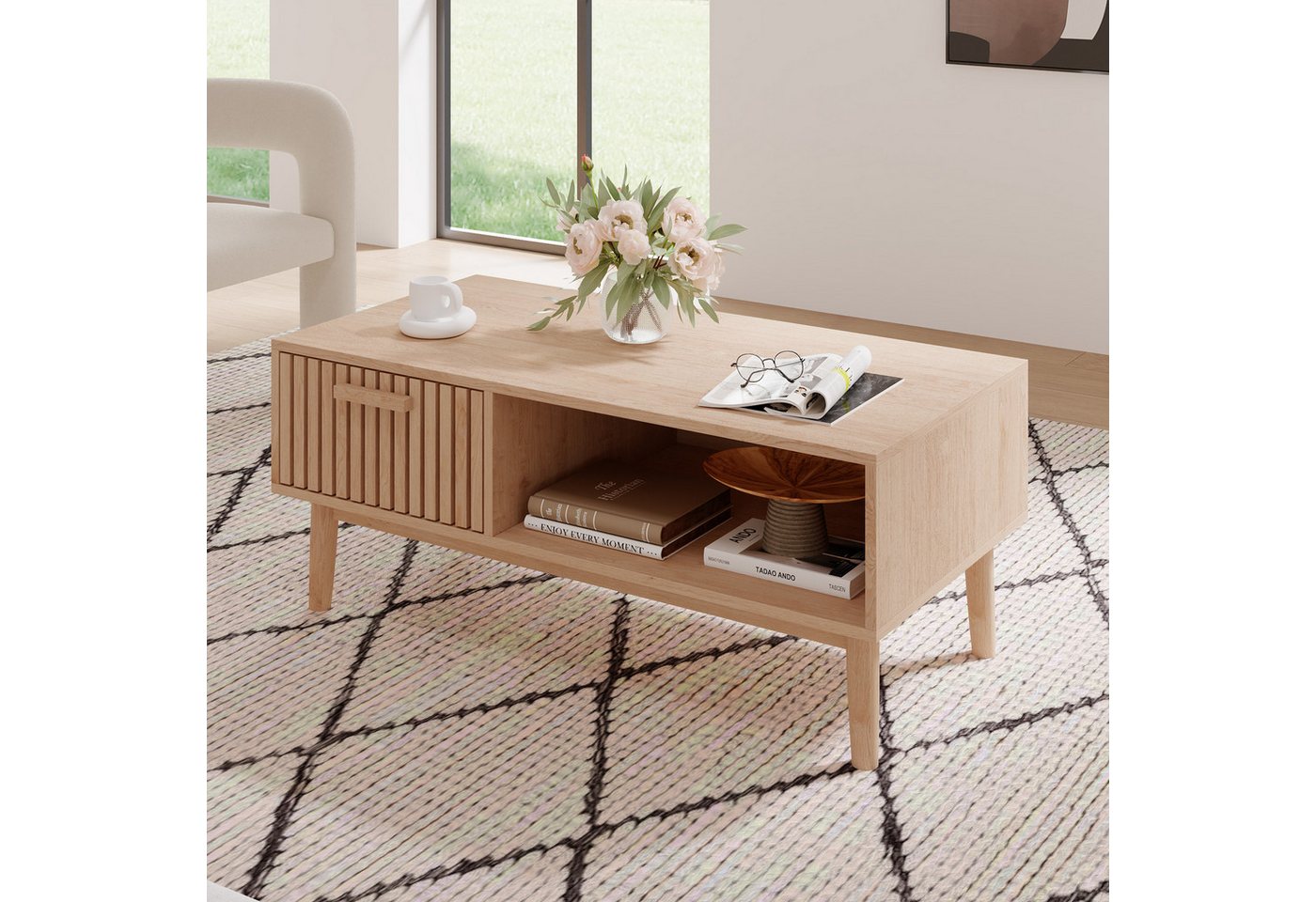 FUROKOY Lowboard aus Rattan Wohnzimmertisch Couchtisch aus Holz, Sofatisch mit Schublade,Holzbeinen,100x50x43 cm