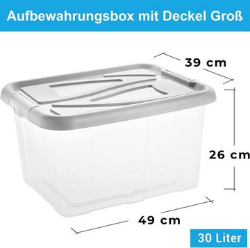 Centi Allzweckkiste 3er Set Aufbewahrungsbox mit Deckel 30 L (H 26 cm x B 49 cm x T 39 cm), Transparent Kisten Aufbewahrung mit Deckel: Pastellgrau