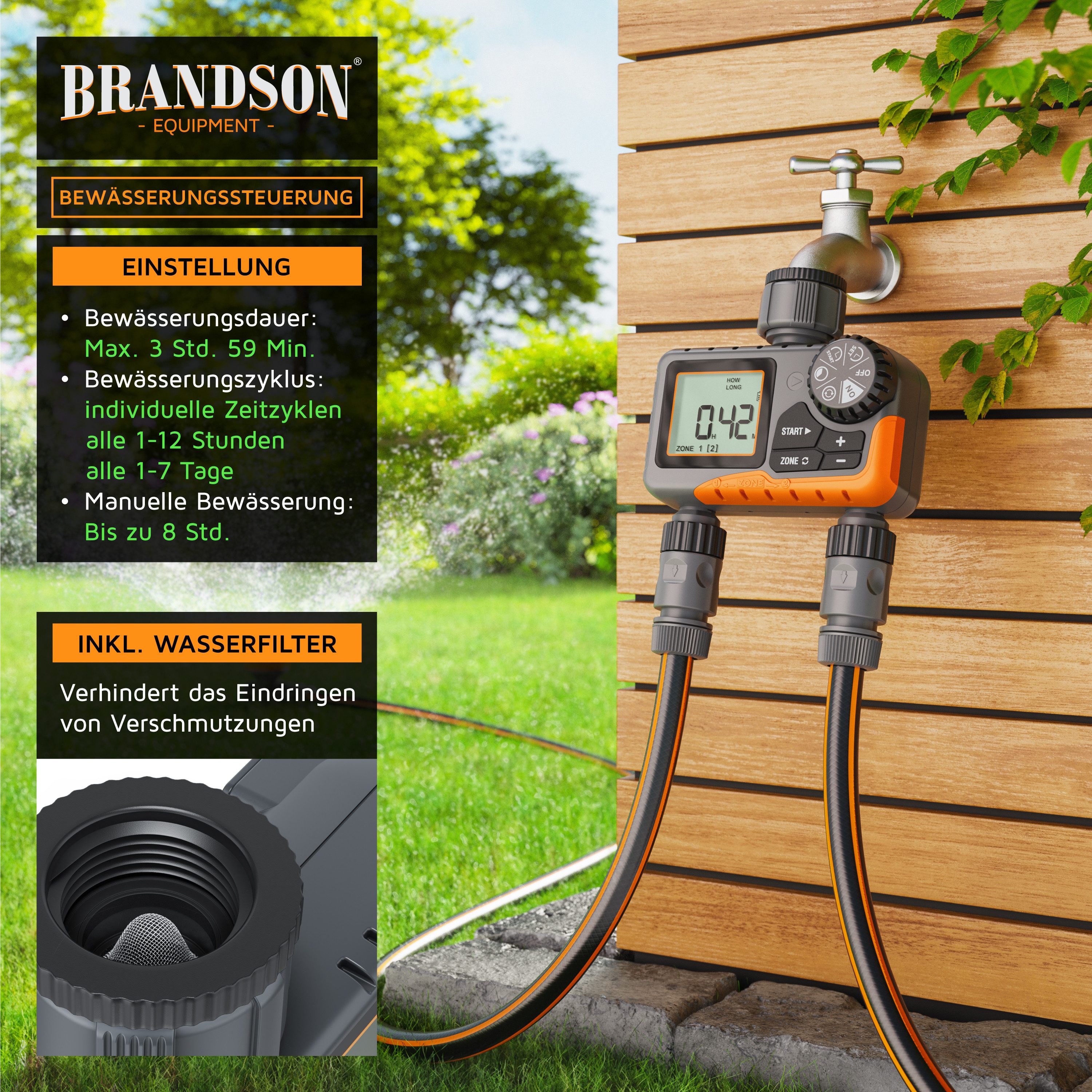 Brandson Bewässerungssteuerung Bewässerungsuhr, Wasserzeitschaltuhr, Regenverzögerung, Balkon Garten, (1-tlg., mit Adapter, Dichtband), automatische Bewässerung – Bild 4 von 5