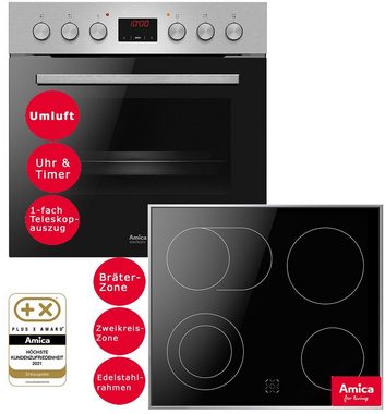 Amica Elektro-Herd-Set exclusives Design Einbauherd Set Glaskeramik Kochfeld Backofen Umluft Timer Bräterzone, mit 1-fach-Teleskopauszug, Steam Clean Reinigung