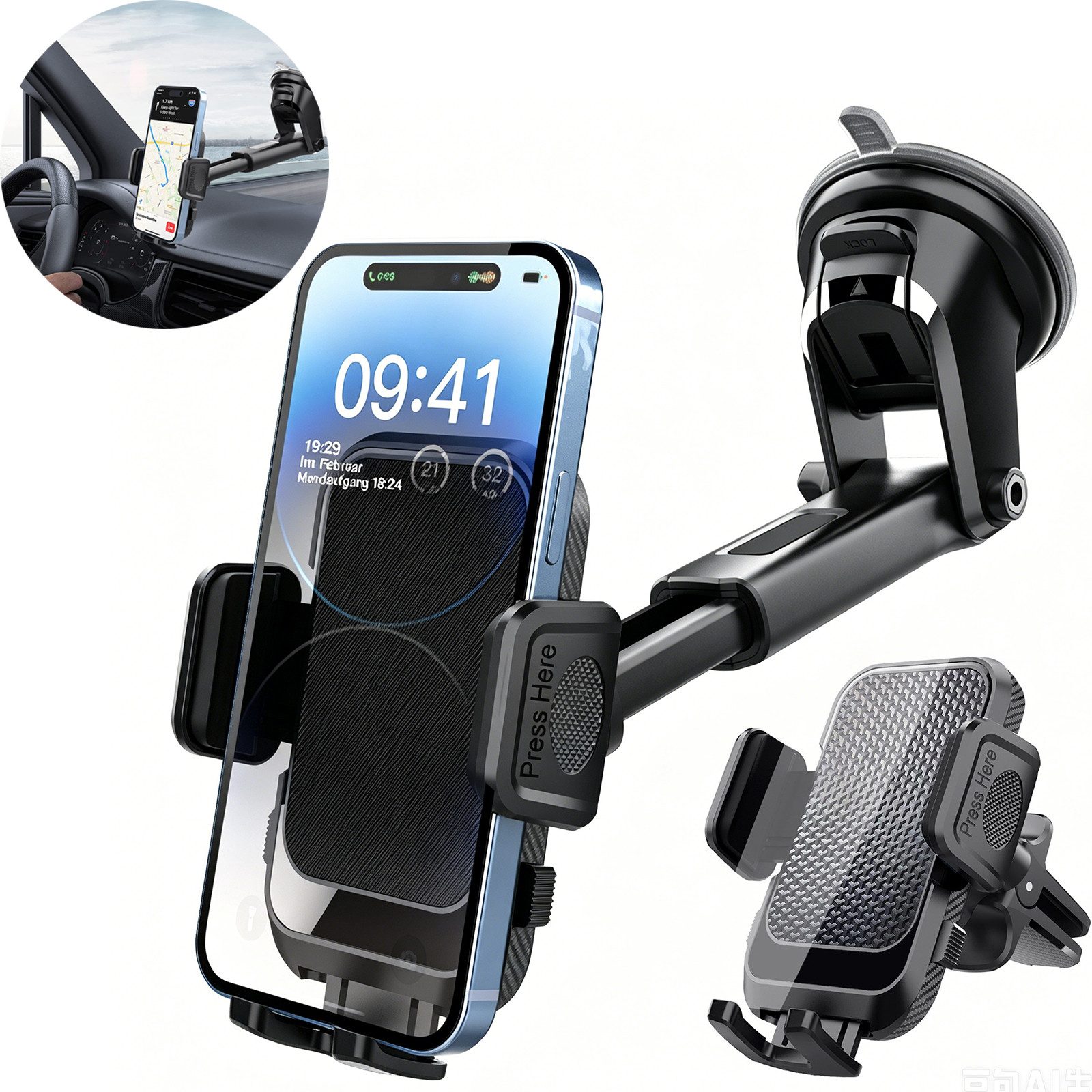 MOPUEA Smartphone-Halterung 2 IN 1 Auto Handyhalterung 360° Drehbar Saugnapf Einhandbedienung, (Auto Handyhalterung mit Saugnapf und 360° Drehung, Geeignet für Navigation Musik und Freisprechen im Auto, 360° drehbar kratzfest und stabiler Saugnapf Halt)