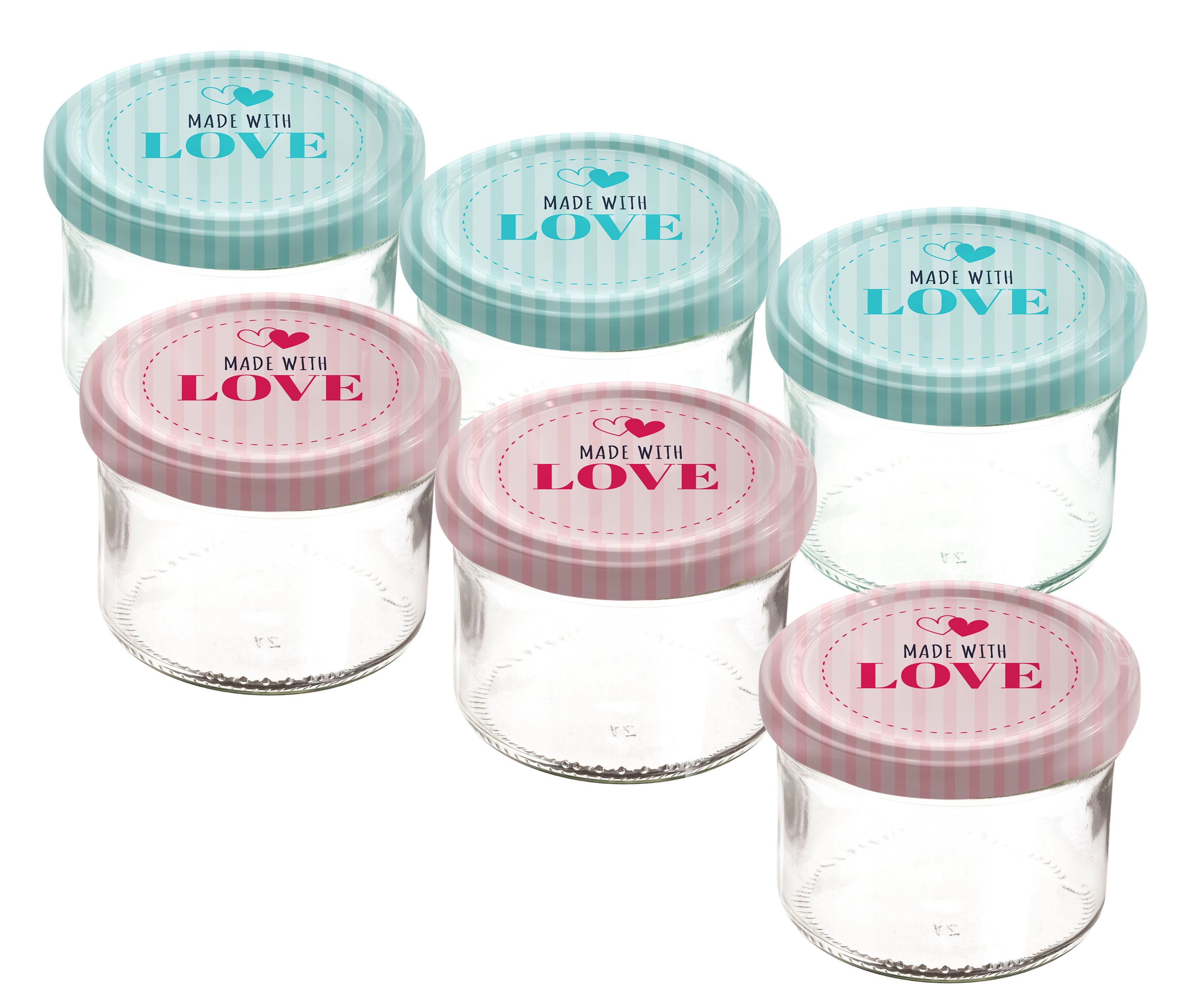 Spetebo Marmeladenglas Marmeladenglas (Set, 6-tlg., mit Einmachglas Schraubverschluss Glas, Einweckglas), bedrucktem Deckel, farbigem 6x Metall mit