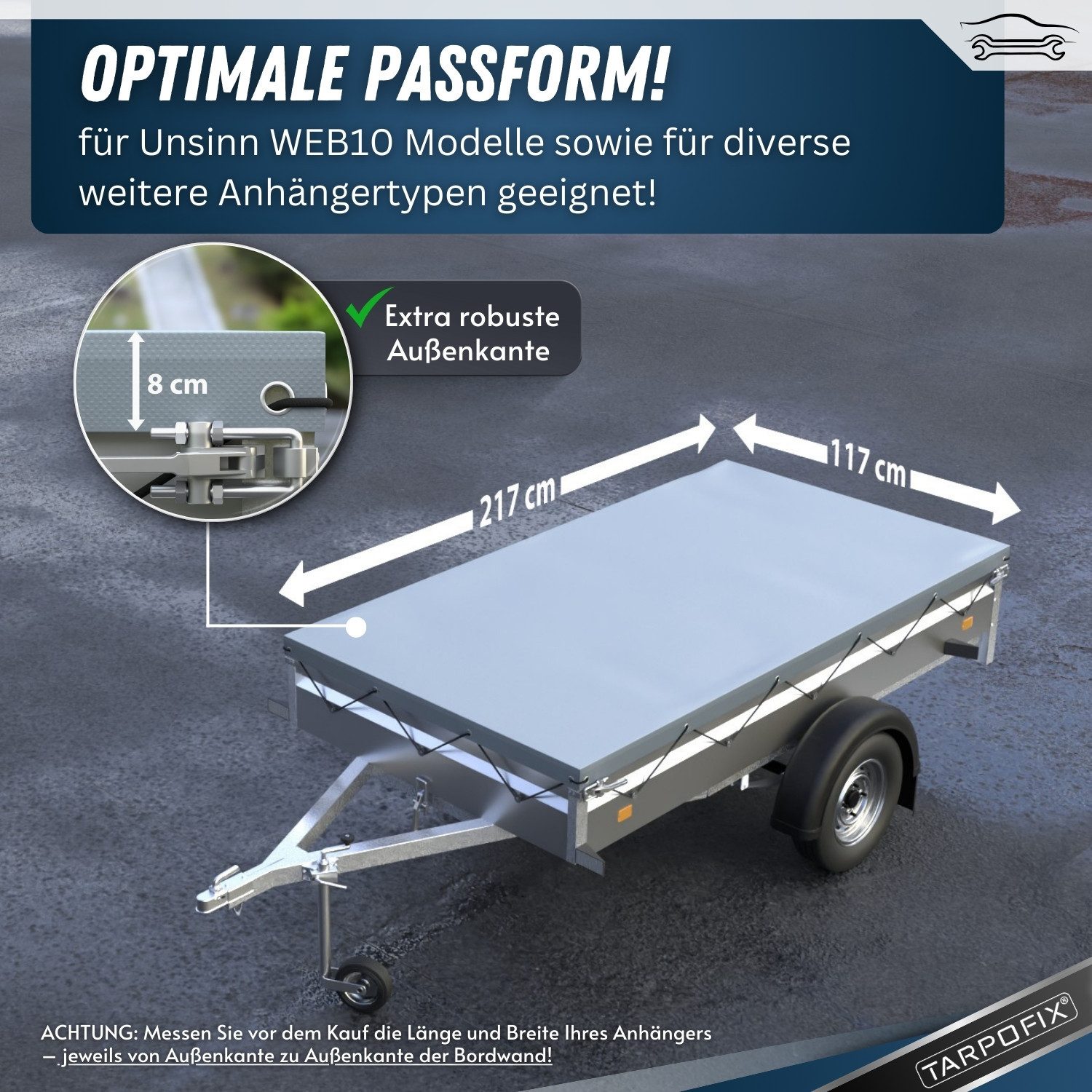 Tarpofix® Schutzplane Tarpofix Anhängerplane 217x117 cm – wasserdicht & UV-beständig, Anhängerplane Grau + 2 Planenbügel