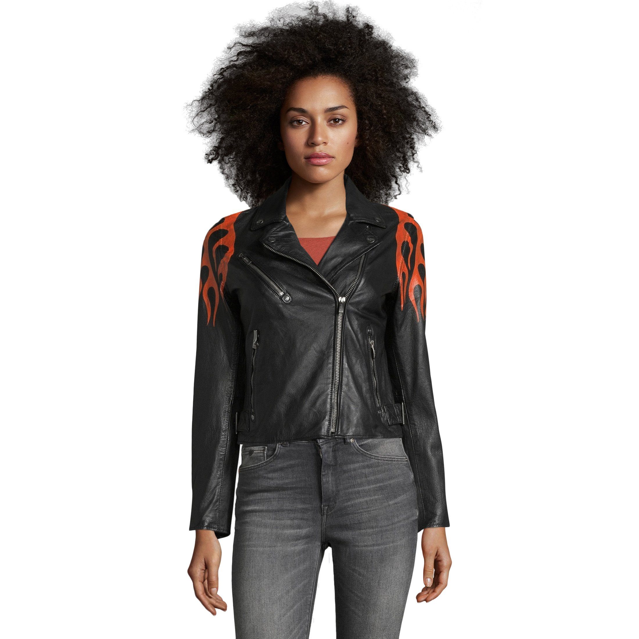 Buffalo Lederjacke mit BE Hot Flammenprint BLACK-ORANGE