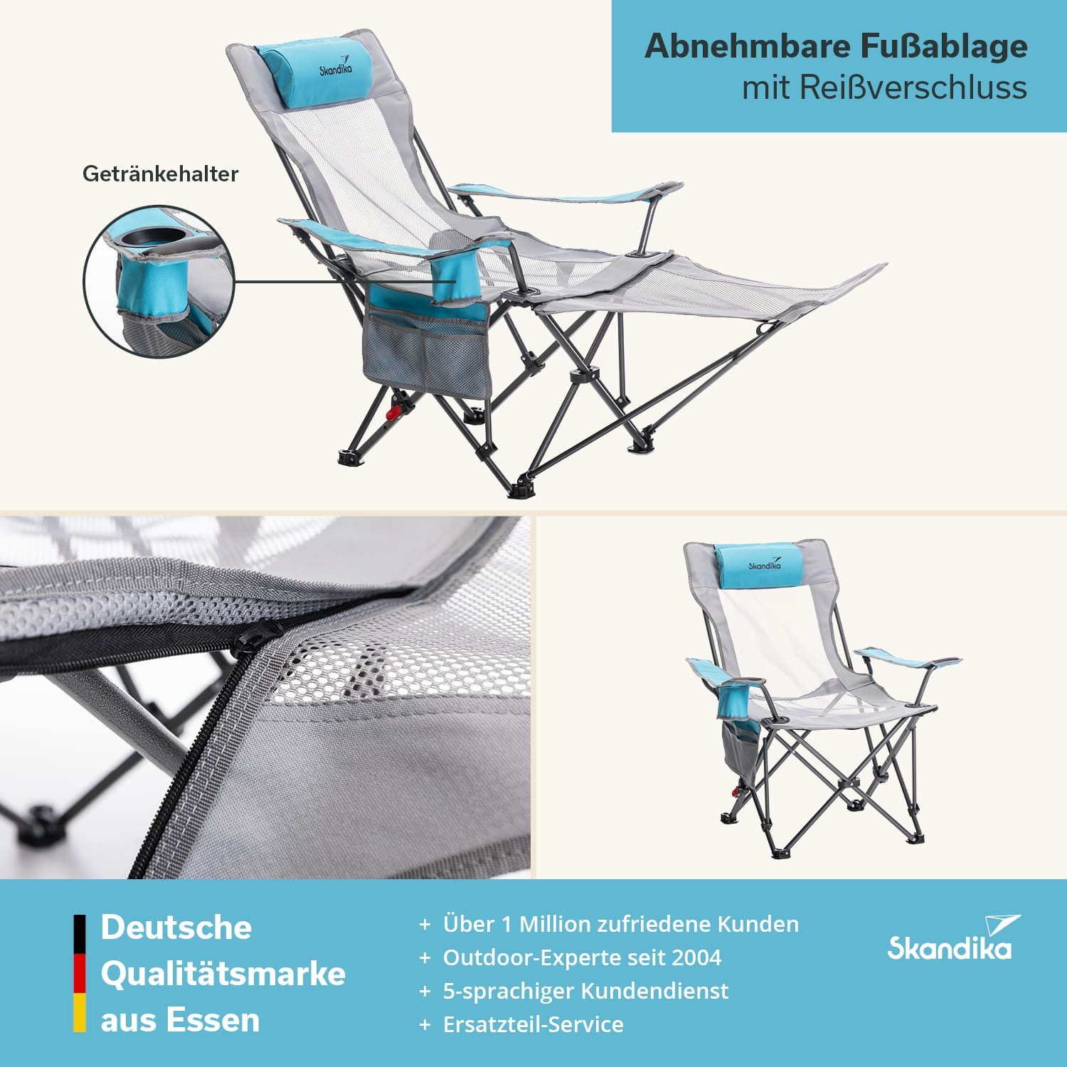 Skandika Campingstuhl Toras mit Fußablage, Faltbarer Liegestuhl, Klappsessel, Gartenstuhl (Max. Benutzergewicht 120 kg, Gewicht 4,3 kg), Liegefunktion, verstellbare Rückenlehne, Getränkehalter, Kopfkissen