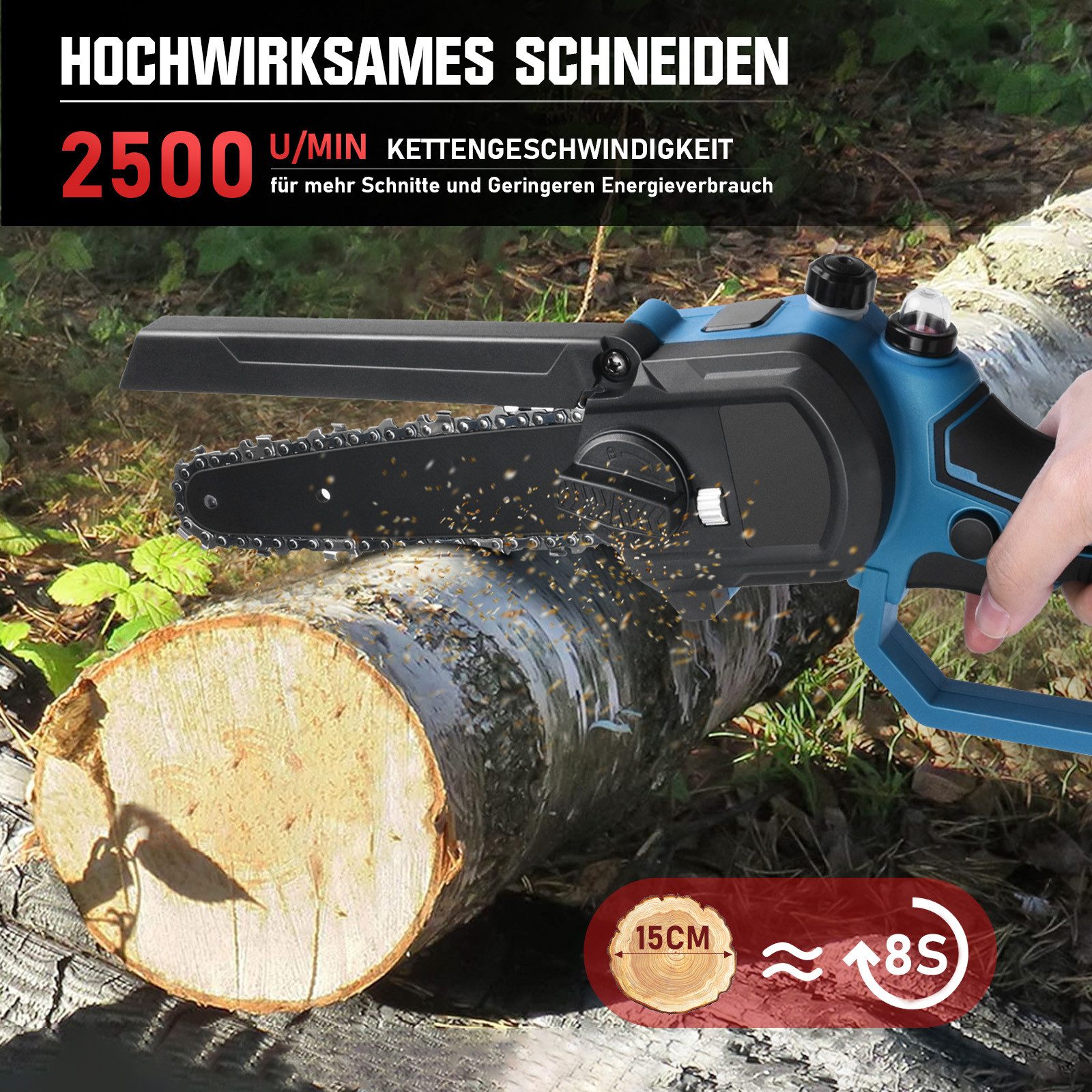 XERSEK Akku-Kettensäge 8 + 6 Zoll Mini Kettensäge mit Akku 4000 mAh, Bürstenlose Motor Elektro Kettensägen Handkettensäge, mit 2 Akku 2000mAh, für Gartenscheren Astschere Holzschneiden