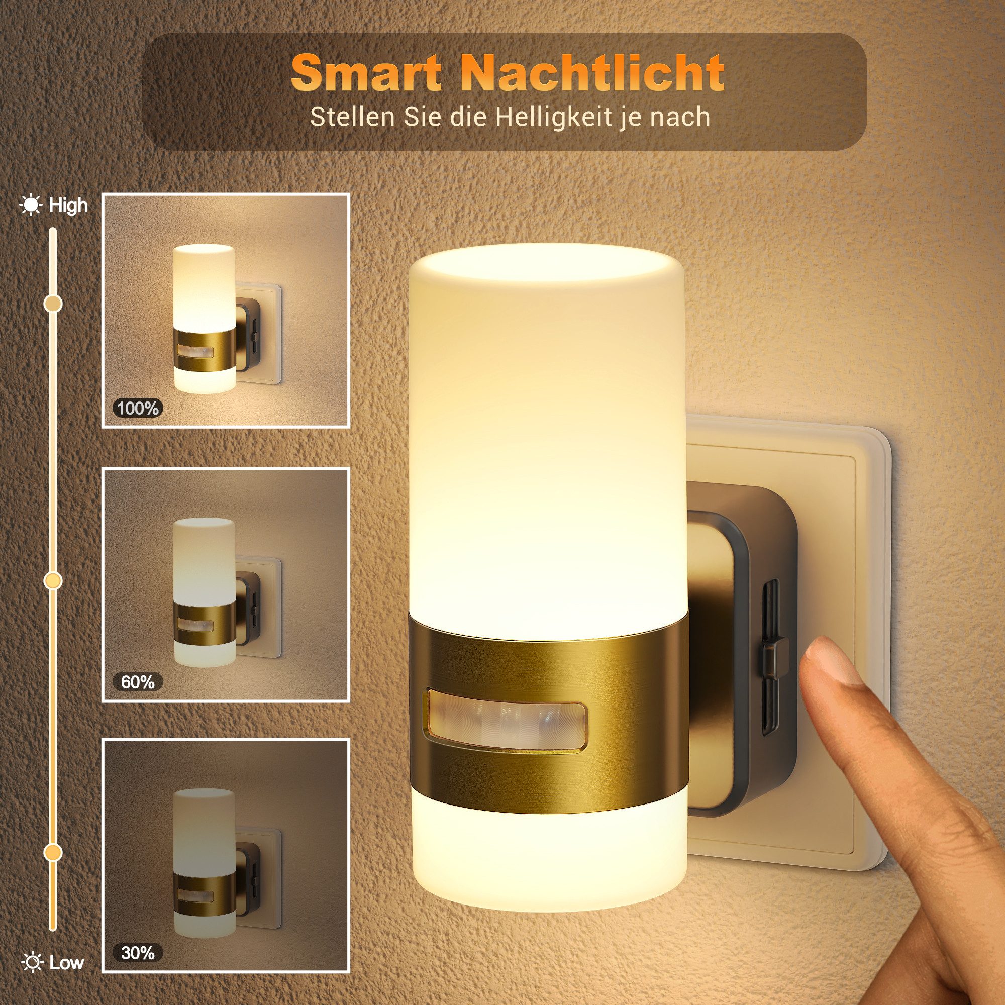 LOHAS-LED Nachtlicht Steckbares Up-Down Nachtlicht mit Bewegungssensor, LED fest integriert, Warmweiß, Stufenlos dimmbar, warmes 2700K Licht mit goldfarbenem Metallring