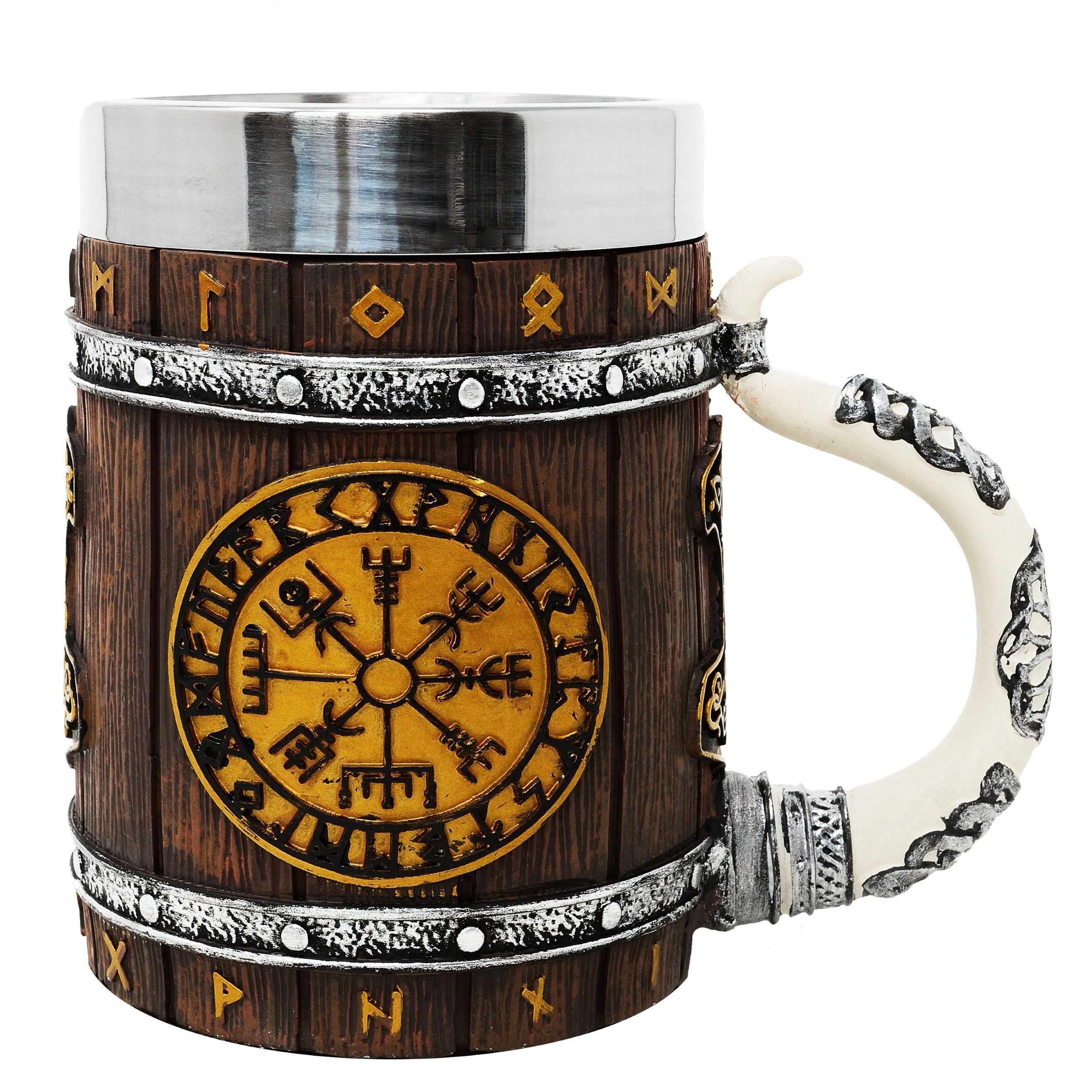 MystiCalls Bierkrug XL Wikingerkrug Nordischer Kompass 0,5l Fassungsvolumen, Polyresin, Herausnehmbarer Metalleinsatz