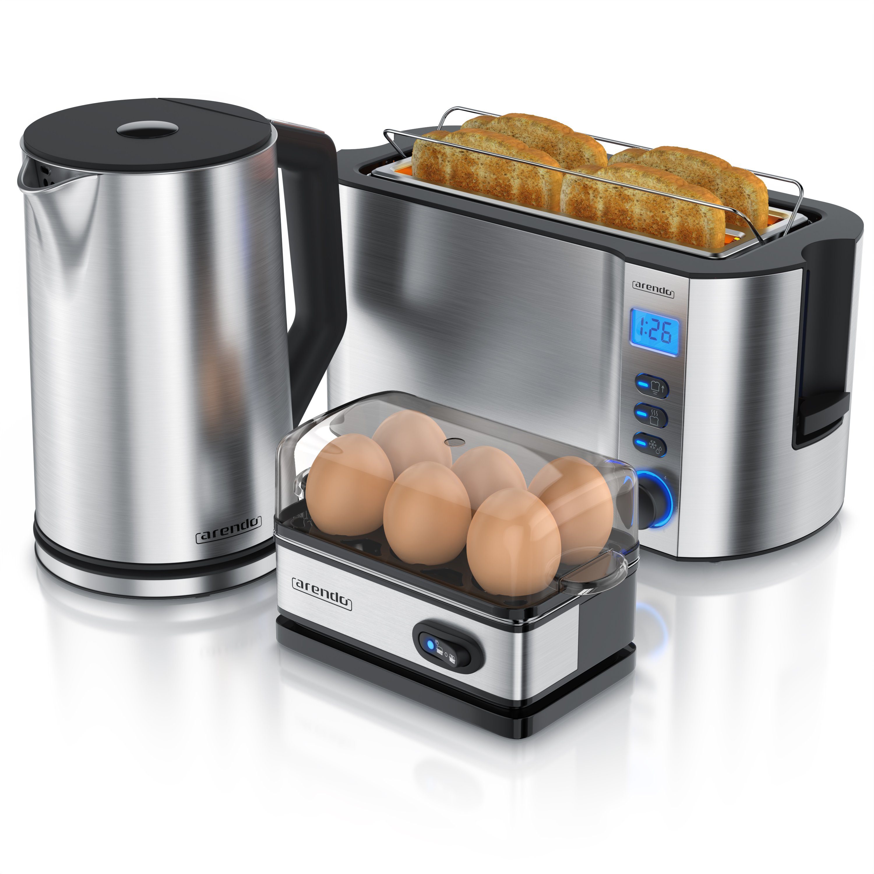 Arendo Frühstücks-Set Wasserkocher 6er 4-Scheiben Silber Eierkocher, (3-tlg), 1,5l, Toaster