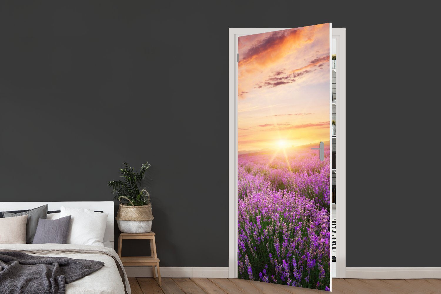 - Lavendel Blumen, Türaufkleber, bedruckt, cm Sonne MuchoWow - (1 St), für Matt, Tür, Fototapete 75x205 Türtapete