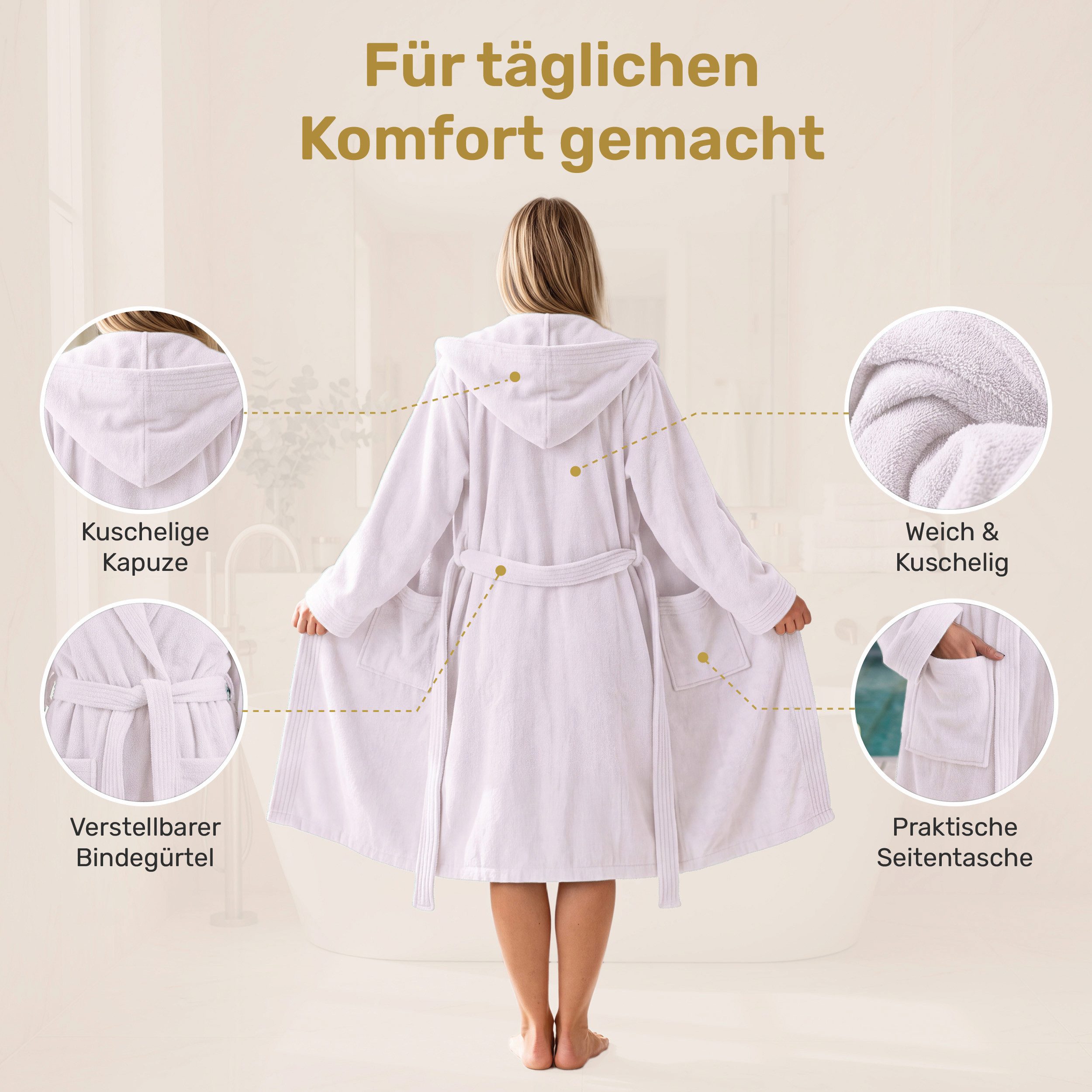 Lavea Bademantel Damen und Herren, Morgenmantel Mexico, Hotelbademantel, Lang, 100% Baumwolle, mit Kapuze, hochwertiger Bindegürtel, Weich & Saugstark - Spa Fee – Bild 3 von 5