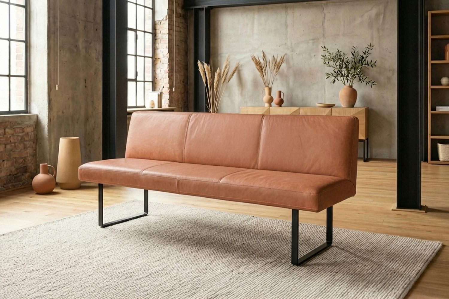 KAWOLA Sitzbank ELEEN Esszimmerbank Leder pigmentiert – modernes Design, 223 cm Breite, hoher Sitzkomfort, Metallgestell schwarz