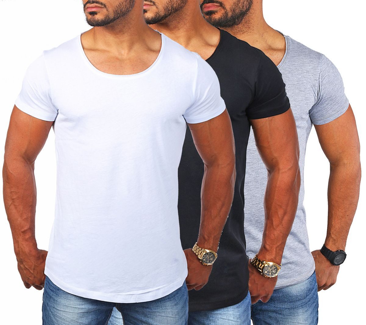 Young & Rich T-Shirt Herren Uni Basic rundhals Ausschnitt vintage Look Unterziehshirt 1702 Rundhalsauschnitt unifarben kurzarm slim fit