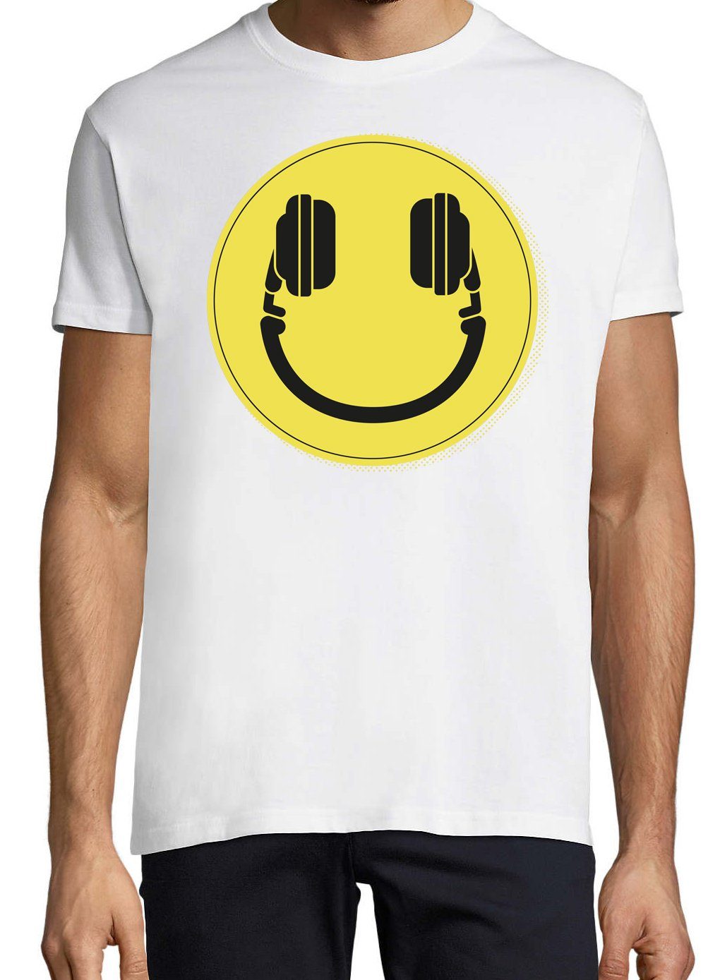 Designz Smiley Headset DJ Smile T-Shirt mit Herren T-Shirt Weiß Frontprint Youth lustigem