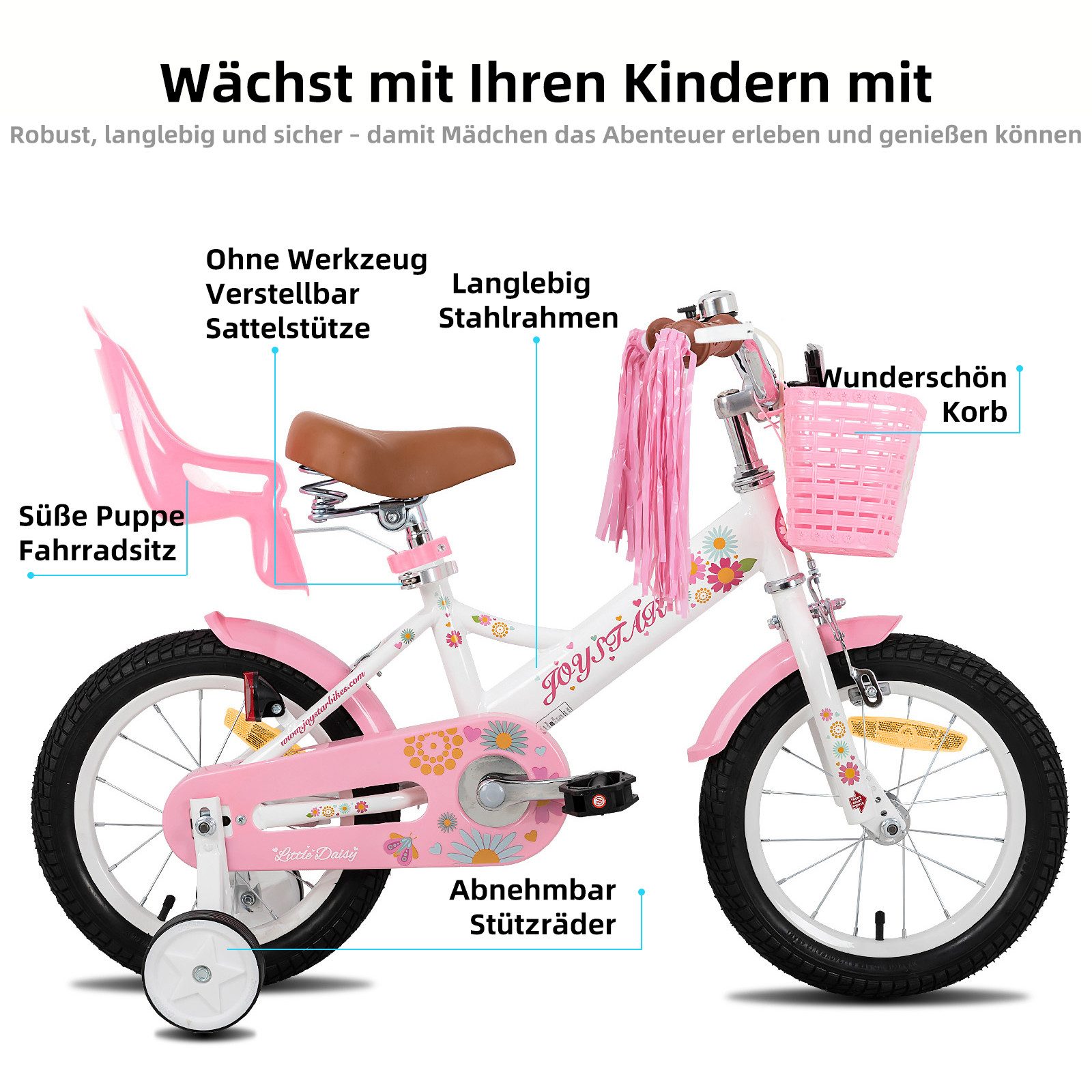 JOYSTAR Kinderfahrrad 12/14/16 Zoll fahrrad für 2-7 Jahre Mädchen, Geschenk für Prinzessin, Mit Puppensitz, Bändern, Stützrädern, Korb, süßen Kritzeleien