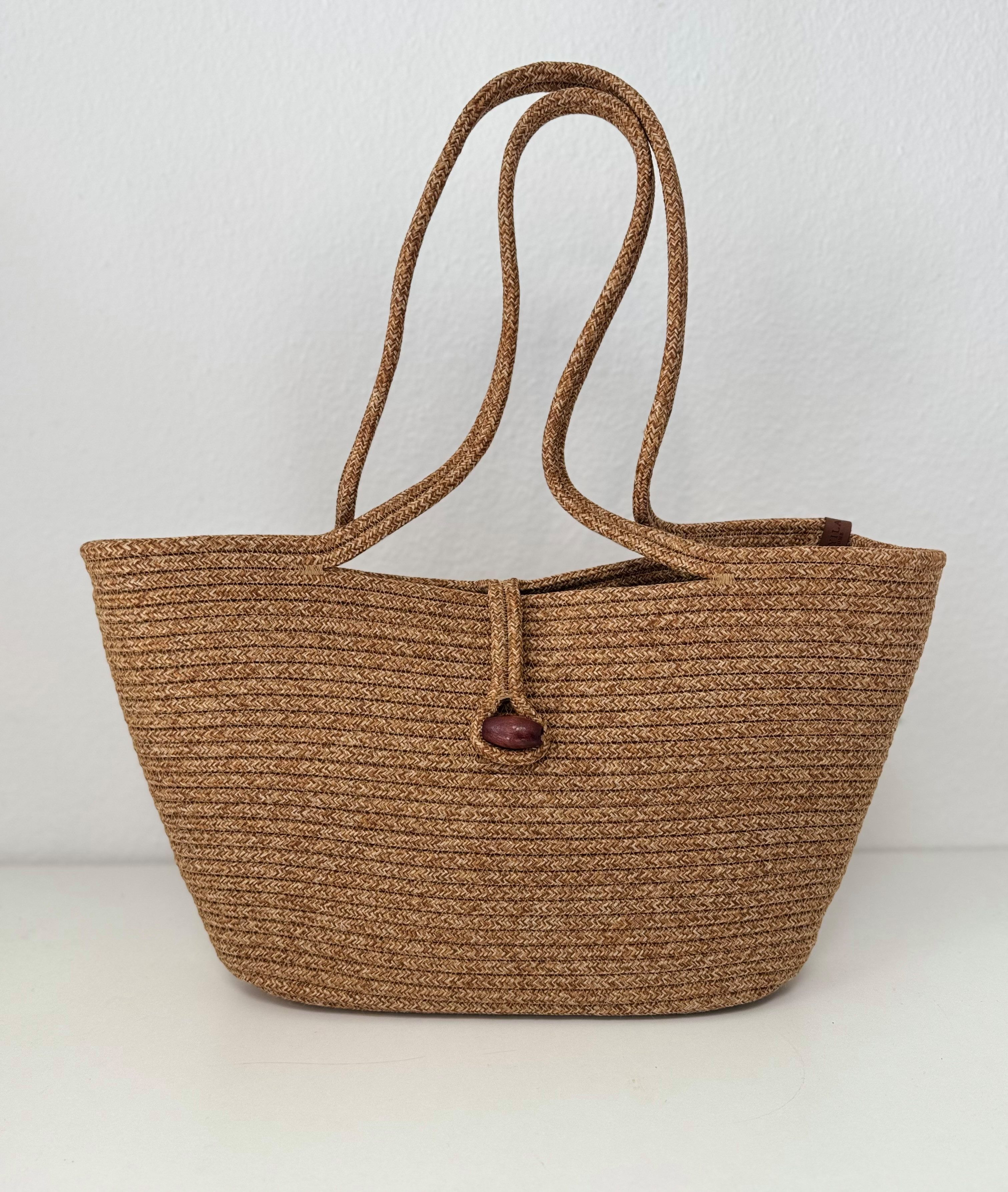 Shopper Geflochtene Handtasche aus Jute und Baumwolle mit Holzknopf-Verschluss