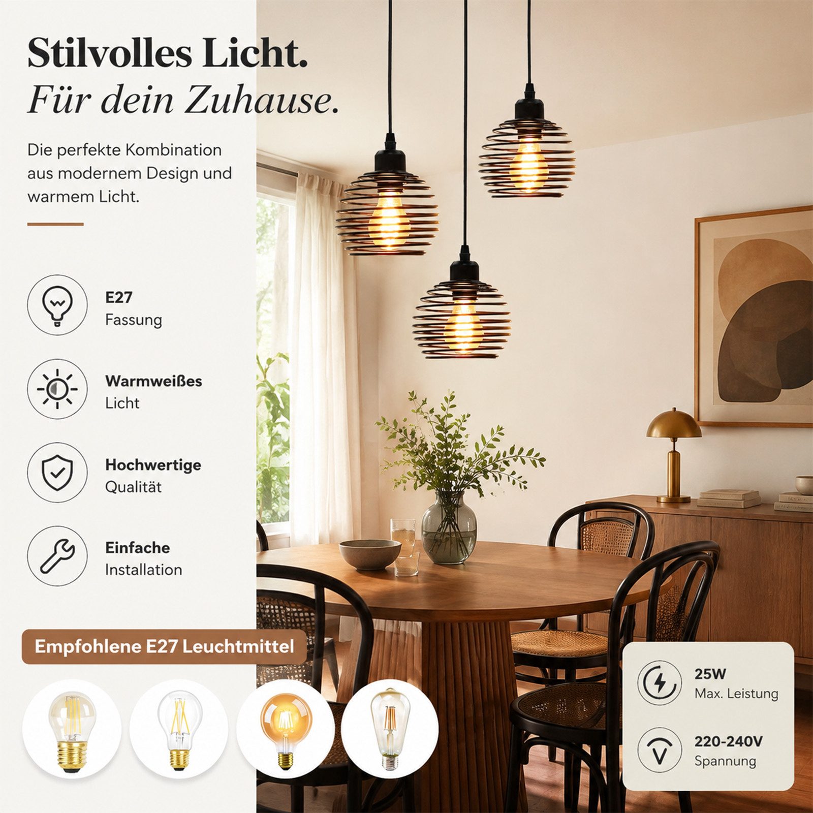 Nettlife Pendelleuchte Schwarz Esstisch Vintage Metall E27 Hängelampe Retro Hängeleuchte, LED wechselbar, für Esstisch Küche Esszimmer Wohnzimmer Arbeitszimmer Büro