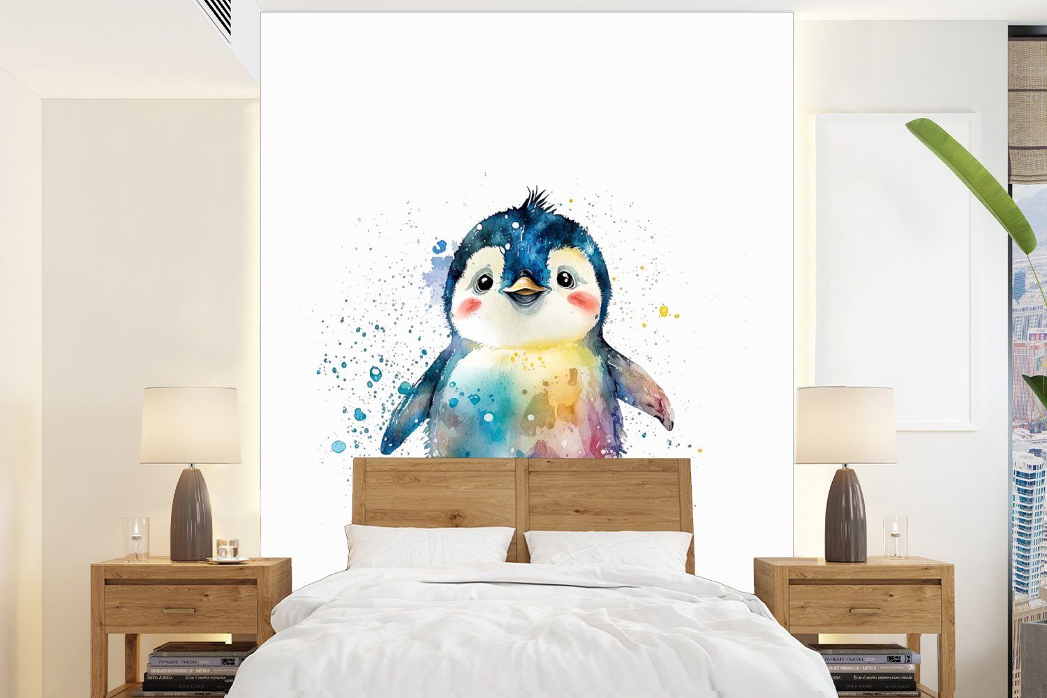 - Wohnzimmer, Tiere - - Fototapete Kinder, Tapete bedruckt, Montagefertig Aquarell MuchoWow Vinyl St), Pinguin - Regenbogen (4 Matt, für Wandtapete