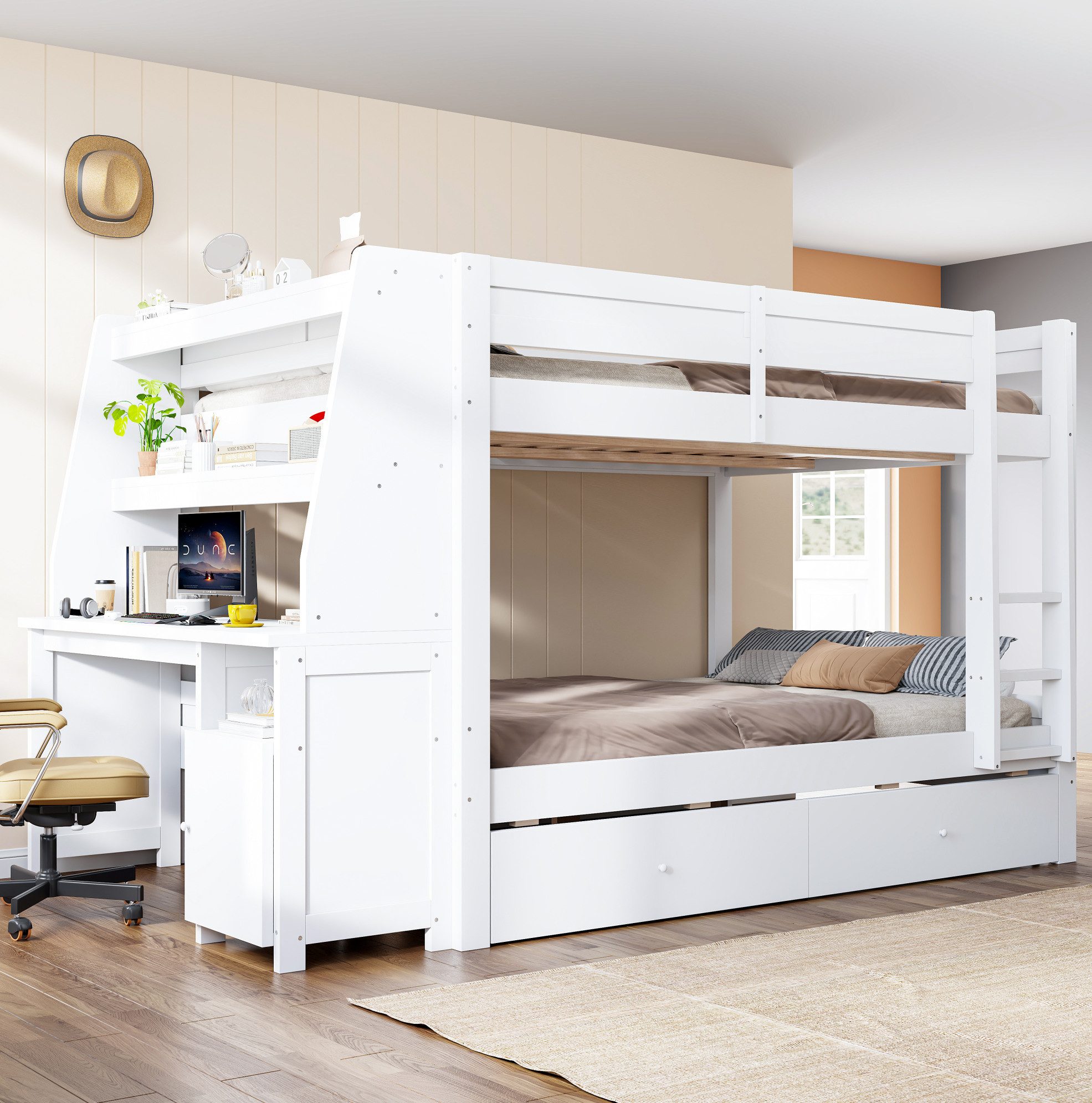 REDOM Etagenbett Kinderbett mit verschiebbarem Aufbewahrungsschrank, Funktionsbett (140x200 cm Holzbett, praktischem Schreibtisch, Regalfächern und Stauraumlösungen, Jugendbett), ohne Matratze