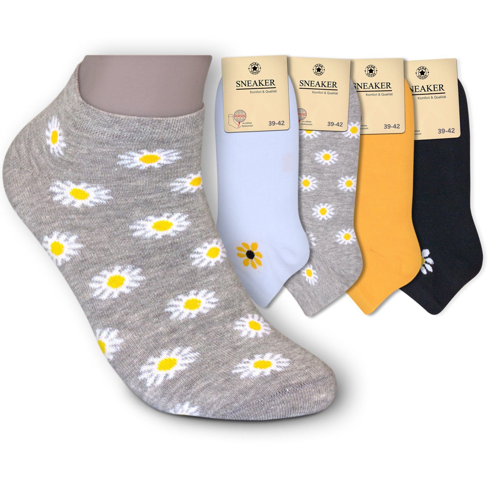 4-Paar, weiß mit FLOWER Sockenbude (Bund, gelb) schwarz Soft Sneakersocken Piqué-Bund Die