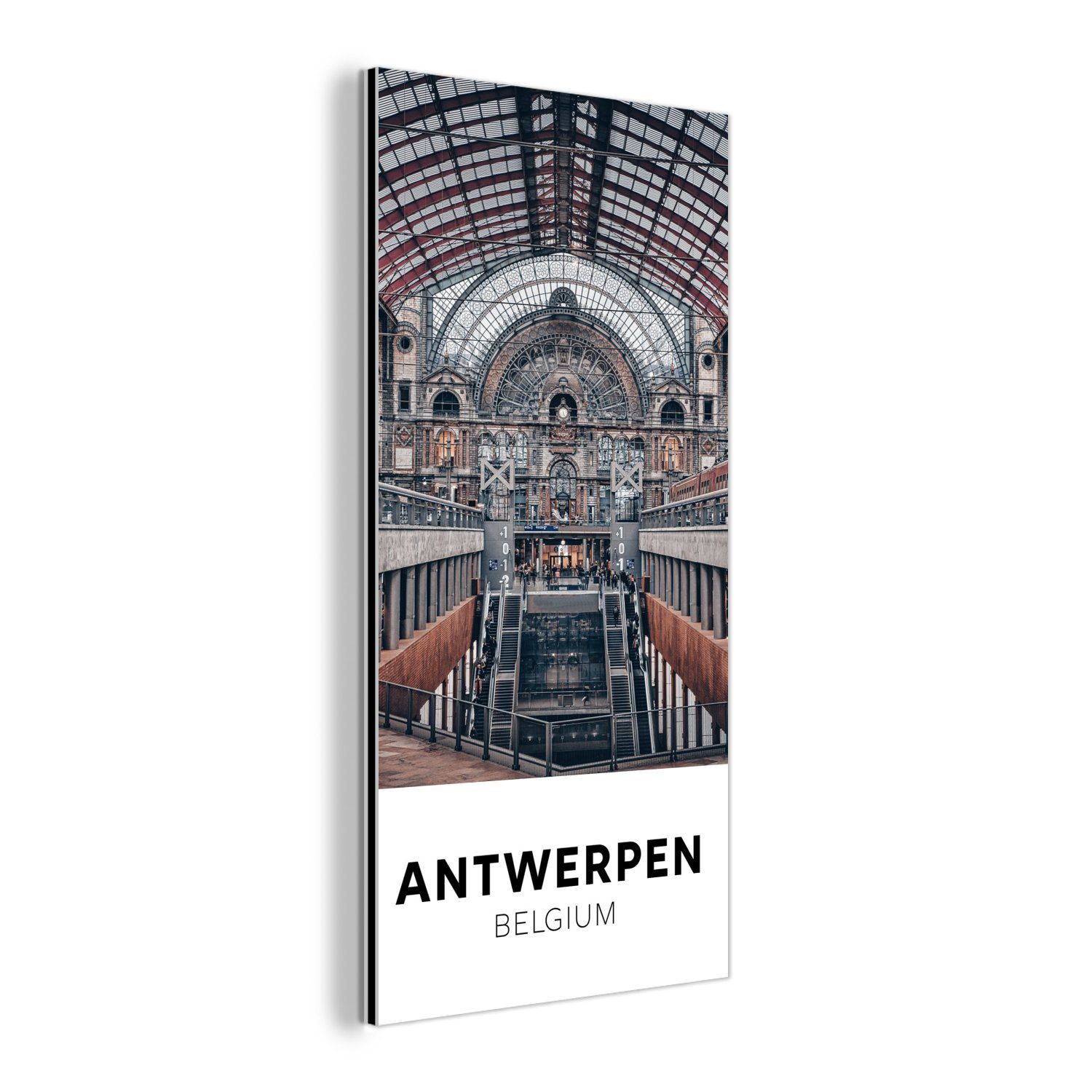 MuchoWow Metallbild Antwerpen - Belgien - Zug, (1 St), Wohnzimmer Dekoration aus Alu, Industrial, Metallbilder, Gemälde