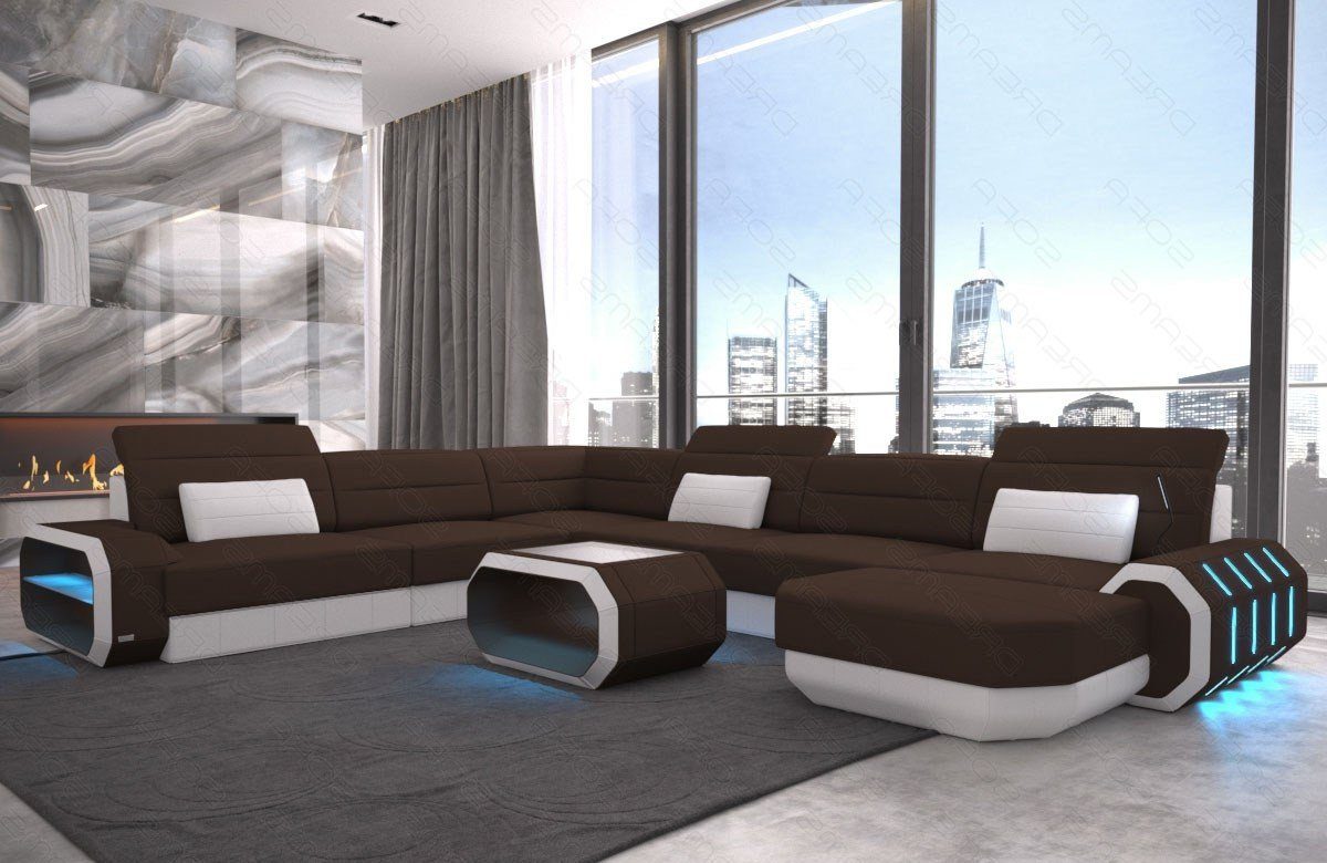 Bettfunktion XXL wahlweise Stoff mit Roma Polster dunkelbraun-weiß Stoffsofa, Designer M Mikrofaser Couch Sofa Wohnlandschaft Sofa Dreams